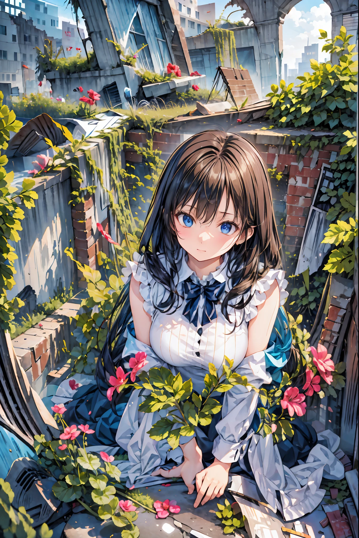 MASTERPIECE, best quality, high quality, extremely detailed, very delicate and beautiful, (1 female 18 years old solo: 1.2), (long black hair, two-side up to waist: 1.4), fringes to eyebrows, eyes. (eyes sharp, strong glossy glossy eyes, eyebrows glossy, (eye colour magenta: 1.3), 6.5 head tall, (shirt: 1.3), skirt, knee socks, lace, (melancholy expression), (hands folded),(Standing ), (dynamic pose), (background hydrangea garden: 1.3), (rain: 1.3).