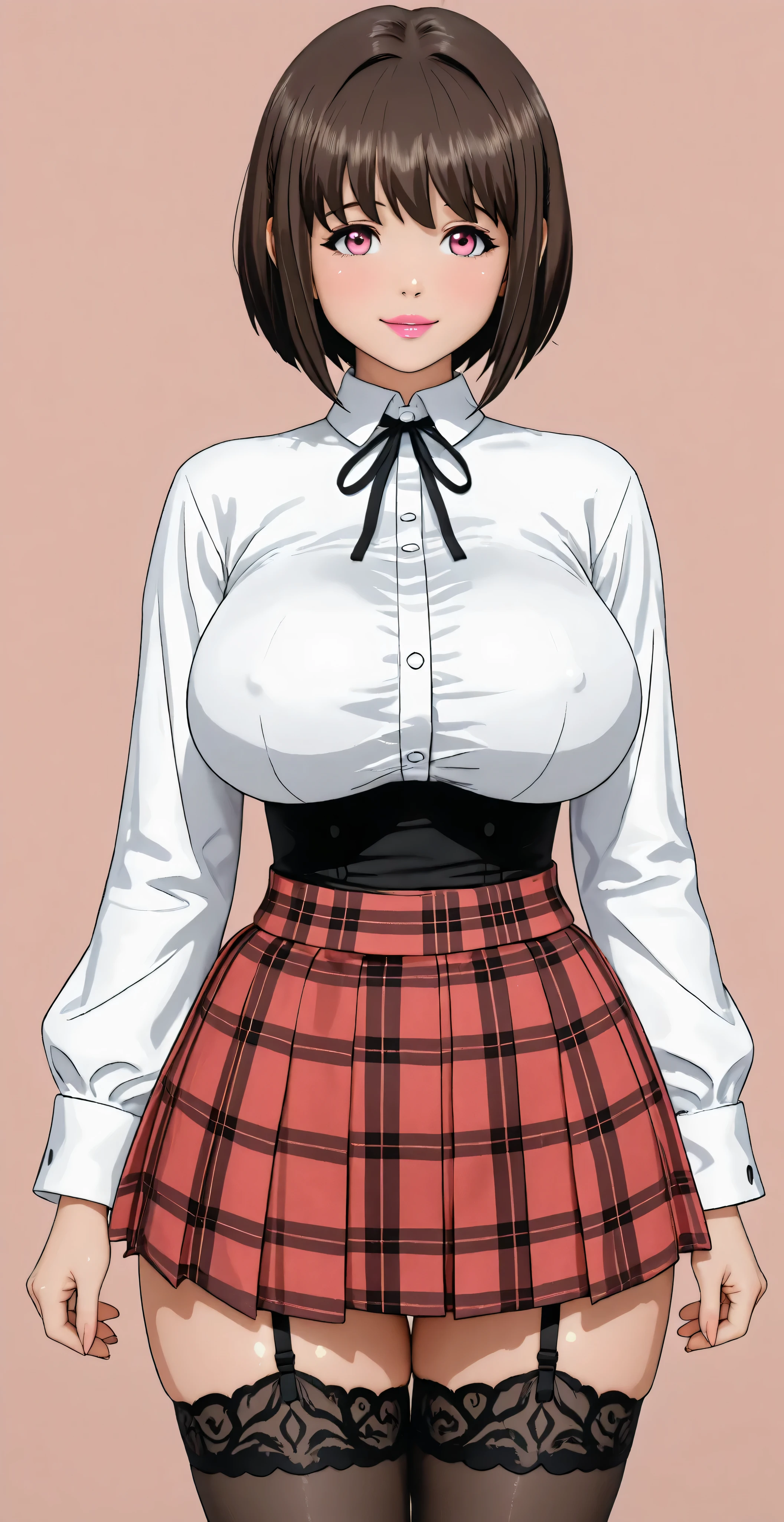 perfect anatomy. maximum resolution. Photo RAW. 8K. (simple background:1.5),The best image quality. solo girl, Chikan Shita, brown Bob hair, PINK eyes, beautiful, VERY WELL DETAILED, pink lipstick, flirty and friendly expression. 
She wears a white shirt with a collar and a black ribbon around the neck, a tight black bodice that widens into a short skirt, red plaid with a white ruffled hem. The sleeves of his shirt are three-quarters with wide white cuffs. She also wears black garter belts and tights with pleated lace.
(wide thighs) ,(huge breasts), (from the front) ,(light smile,vulgarity face), (cowboy shot:1.2), (Standing:1.5), (from the front:1.2),looking at the spectator,glowing skin focus (((Miko Art Style)))