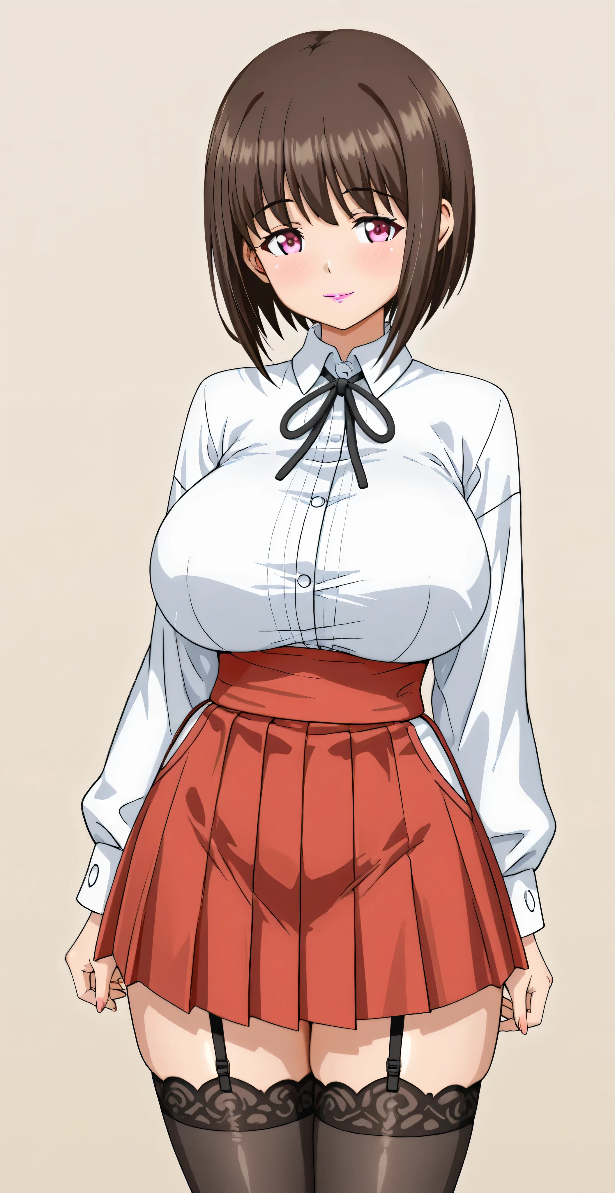 perfect anatomy. maximum resolution. Photo RAW. 8K. (simple background:1.5),The best image quality. solo girl, Chikan Shita, brown Bob hair, PINK eyes, beautiful, VERY WELL DETAILED, pink lipstick, flirty and friendly expression. 
She wears a white shirt with a collar and a black ribbon around the neck, a tight black bodice that widens into a short skirt, red plaid with a white ruffled hem. The sleeves of his shirt are three-quarters with wide white cuffs. She also wears black garter belts and tights with pleated lace.
(wide thighs) ,(huge breasts), (from the front) ,(light smile,vulgarity face), (cowboy shot:1.2), (Standing:1.5), (from the front:1.2),looking at the spectator,glowing skin focus (((Miko Art Style)))