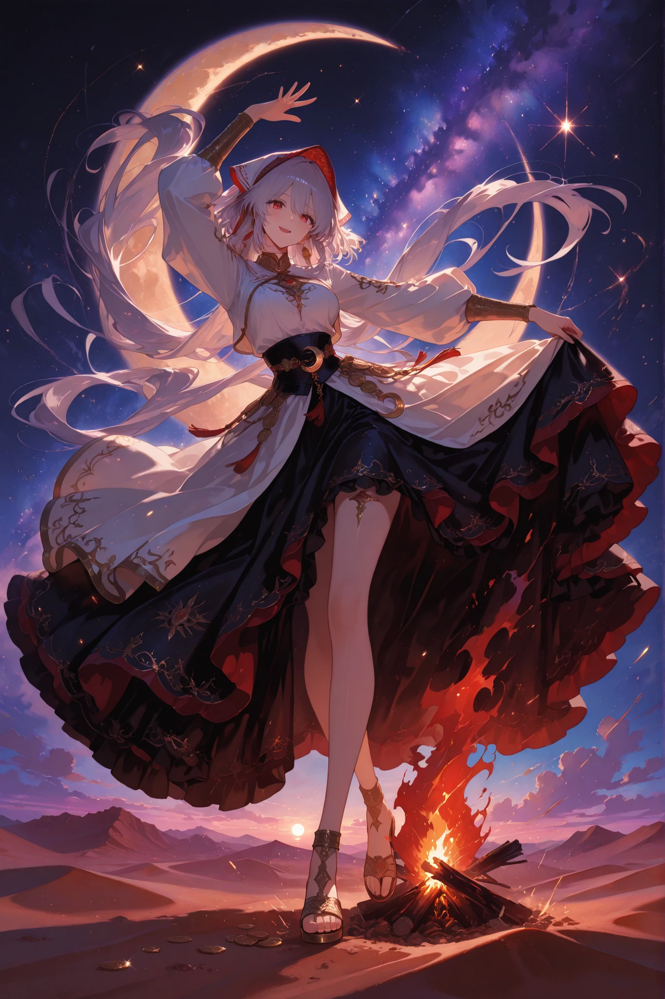 obra-prima, melhor qualidade, ultra detalhado, Anime girl dancing, joyful expression, Stylized Bedouin clothing, pouca roupa, corpo sensual, jeweled headscarf, long floating dress with embroidered details, waist marked with coin belt, decorated sandals, swivel motion , desert at night, sky with visible Milky Way, estrelas cadentes, golden crescent Moon, tendas distantes, caravana de camelos, bonfire with sparks rising, luzes de lamparina, mystical atmosphere, detailed anime style, The character is alone