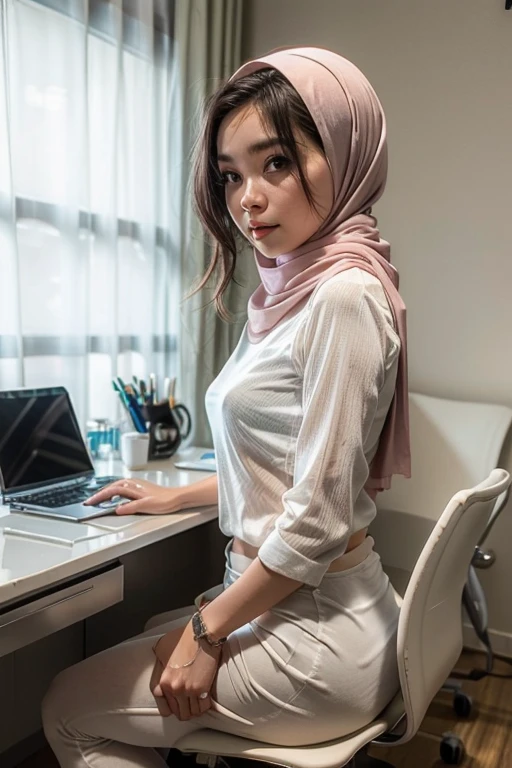(1 mature girl), 48 years old, sitting on a chair in an office, ((wearing hijab)), wearing white long shirt, wearing fabric long pants, shot from above, wearing niqab, wearing mouth cover