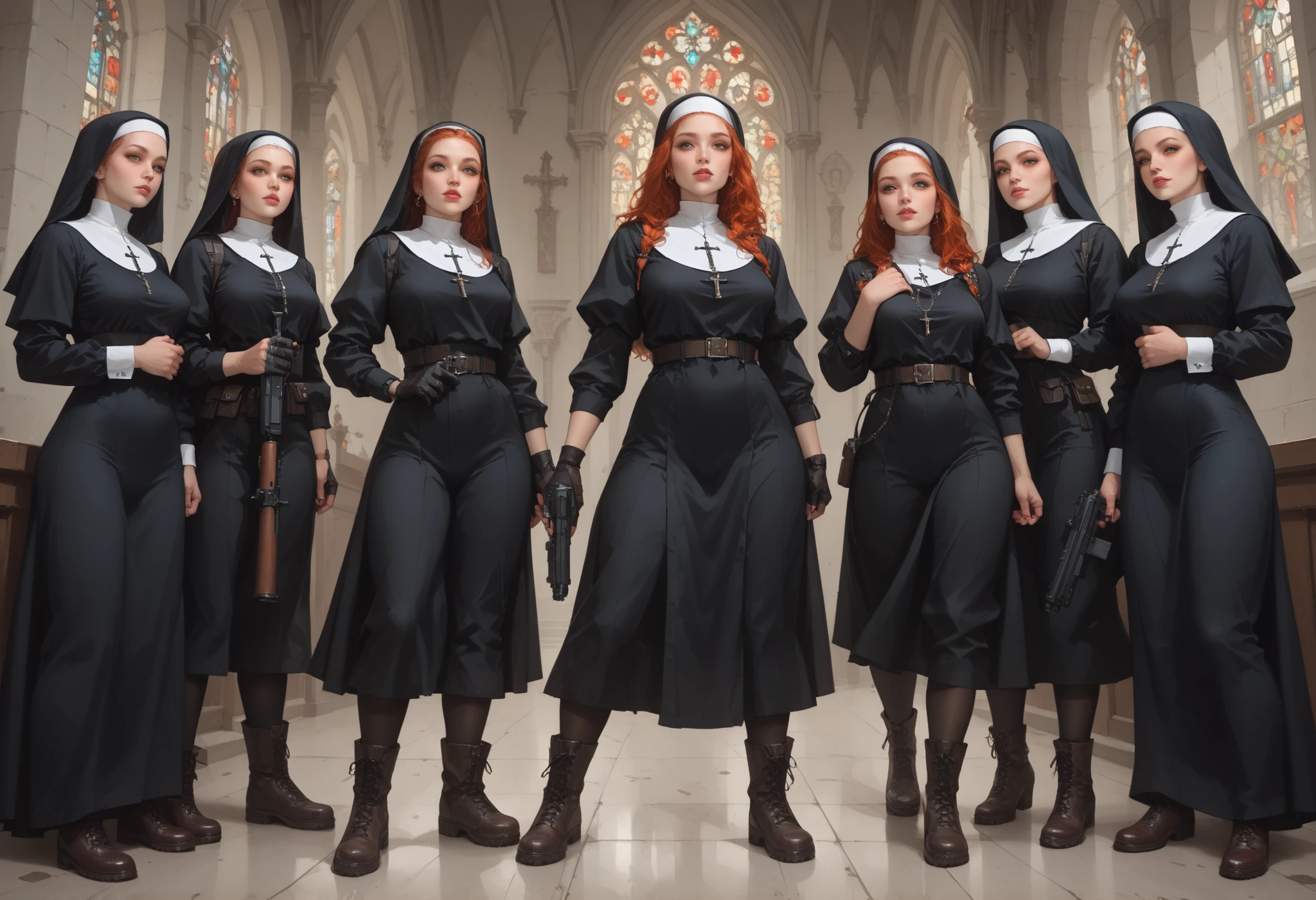 High quality full image of a beautiful woman, dressed as a hyper sexualized nun. She is a warrior nun, provocative habit, with undone buttons. Combat nun habit. Long orange red hair gathered in a long and detailed braid. Expressive green eyes, full moist pink lips. In front of the camera in a defiant pose. In her hands she holds an AR15 assault gun with an X5 reflex sight, tactical combat gloves, tactical boots. She looks contemptuously at the camera with a contemptuous smile. Sexy and dangerous. The scene takes place in an abandoned cathedral full of vegetation, a decadent and apocalyptic scene.