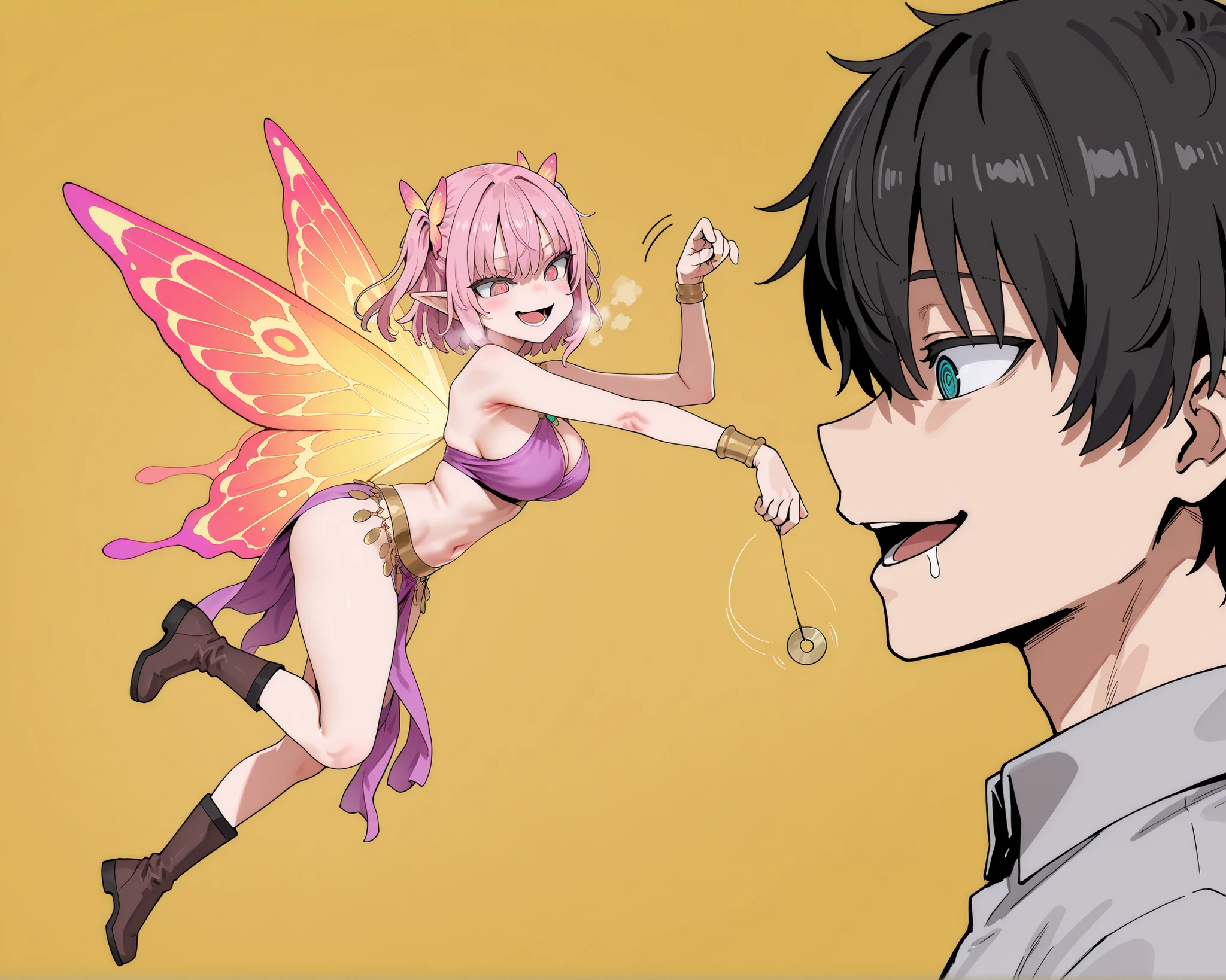 score_9, score_8_up, score_7_up, (1 girl, 1 boy, (top quality, 8k), high resolution, detailed, side view, (view from side:1.3), (looking at each other), (face to face:1.3),
(holding pendulum) \(hypnotist holding a pendulum\), hand up, ((forest background)), female hypnotist, anime scene , beautiful anime, (forest:1.5).
(perfect hands), masterpiece, high quality, absurd resolution, beautiful hands, ringed eyes, she looking down at the boy,
(asanagi style:0.9), (good_hands), open mouth, large breasts, slender-waisted, slender body and slender legs, thin thighs, perfect hands, beautiful eyes, smug, smirk, dancer costume, bare feet, pointy ears, floating, pendulum, very thin waist, colorful butterfly wings, beautiful big wings, fairy girl, (expressionless), ((full body)), boots, (assertive female), (flying, floating),
boy ahegao blushing, boy drooling, (submissive boy, boy shy and nervous), (submissive boy), boy's panting, heavy breath, boy looking at the pendulum, ((faceless boy)), (boy dilated pupils), boy eyeroll, open mouth, aaah, a, lower teeth