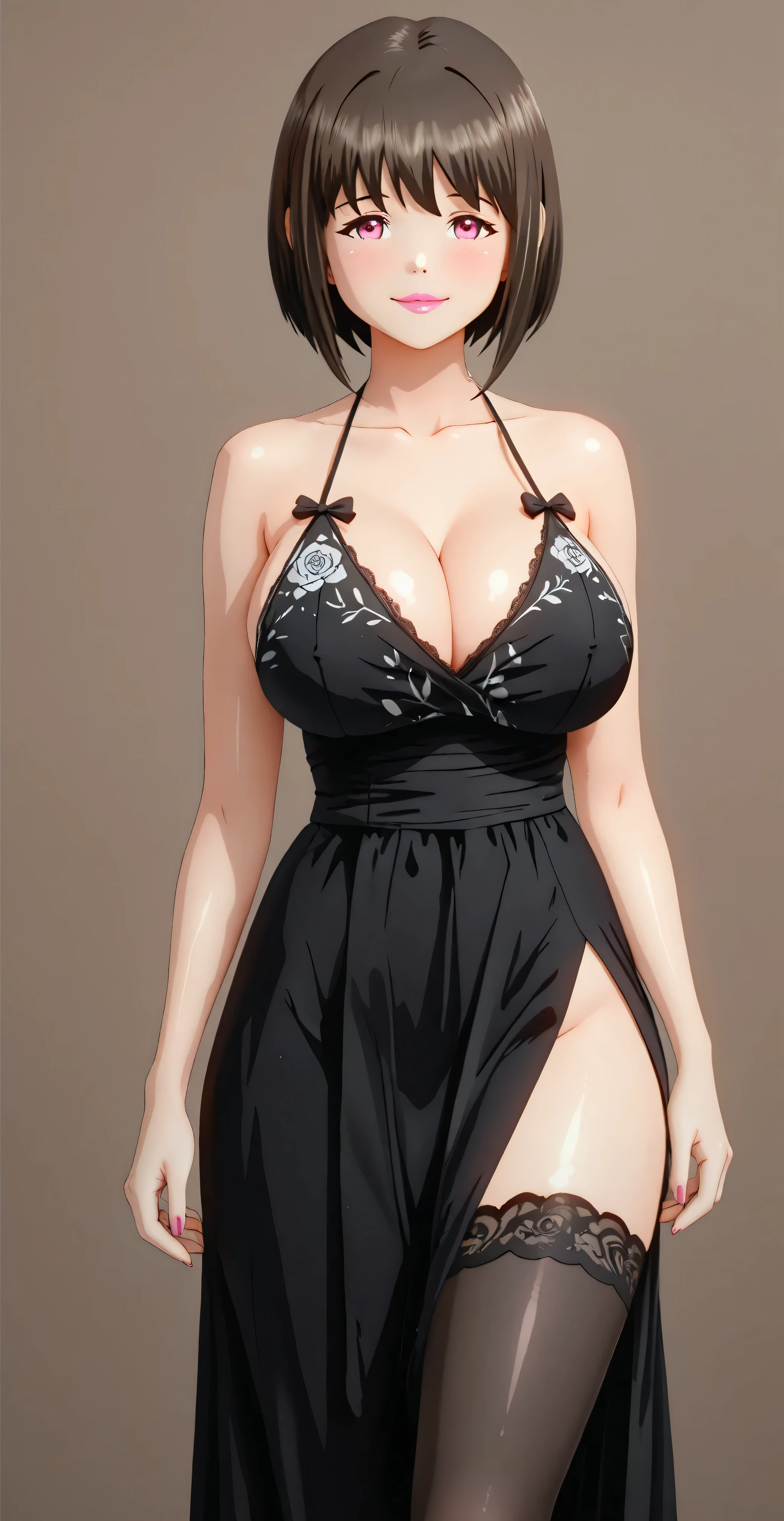 perfect anatomy. maximum resolution. Photo RAW. 8K. (simple background:1.5),The best image quality. solo girl, Chikan Shita, brown Bob hair, PINK eyes, beautiful, VERY WELL DETAILED, pink lipstick, flirty and friendly expression.
She wears an evening cocktail dress, black dress, MIDI STRAPS WITH WHITE LACE FLOWER BOW DETAIL. She also wears garters and black tights with lace.
(wide thighs) ,(huge breasts), (from the front) ,(light smile,vulgarity face), (cowboy shooting:1.2), (Standing:1.5), (from the front:1.2),watching the spectator,glowing skin focus (((Miko Art Style)))