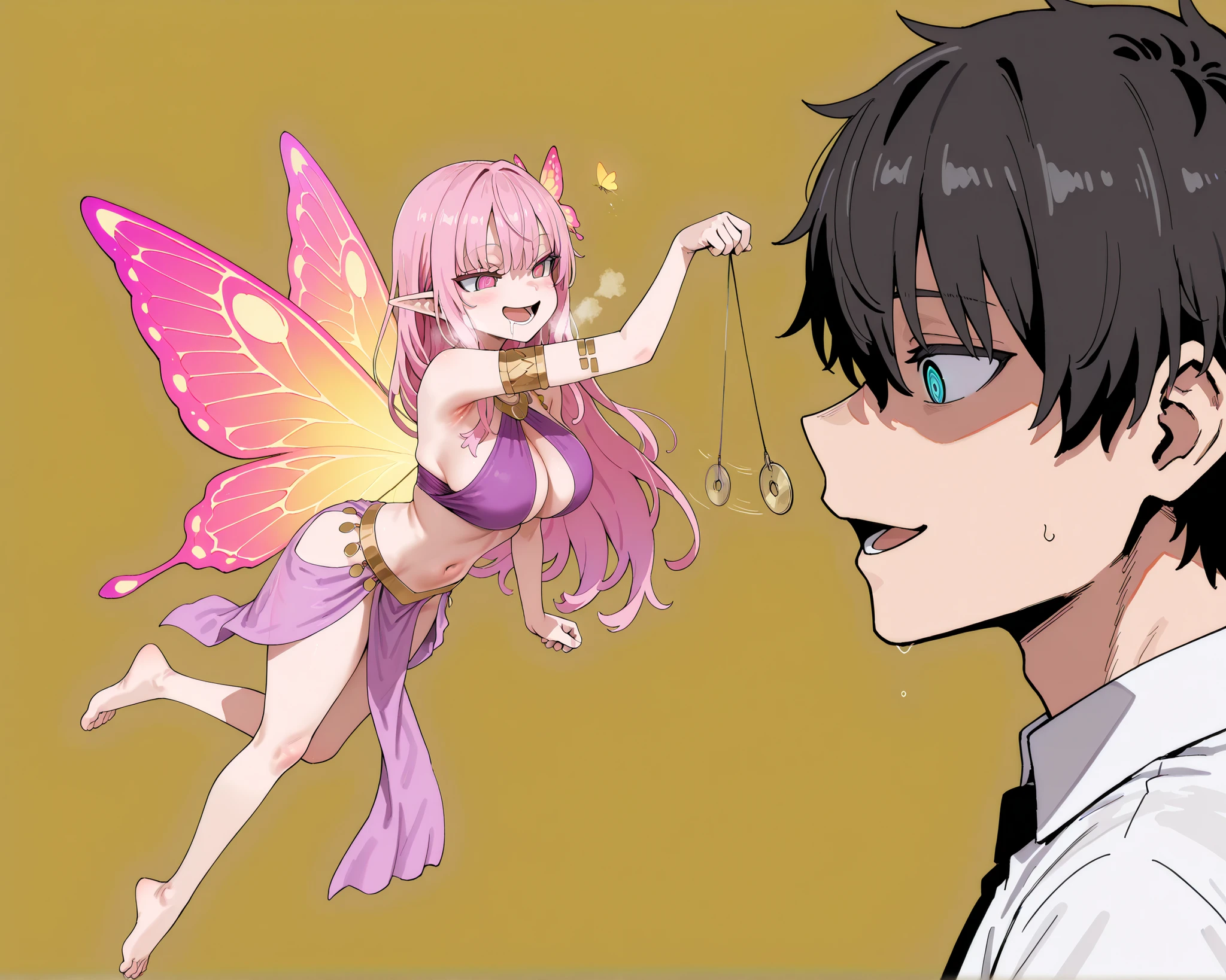 score_9, score_8_up, score_7_up, (1 girl, 1 boy, (top quality, 8k), high resolution, detailed, side view, (view from side:1.3), (looking at each other), (face to face:1.3),
(holding pendulum) \(hypnotist holding a pendulum\), hand up, ((forest background)), female hypnotist, anime scene , beautiful anime, (forest:1.5).
(perfect hands), masterpiece, high quality, absurd resolution, beautiful hands, ringed eyes, she looking down at the boy,
(asanagi style:0.9), (good_hands), open mouth, large breasts, slender-waisted, slender body and slender legs, thin thighs, perfect hands, beautiful eyes, smug, dancer costume, bare feet, pointy ears, floating, pendulum, very thin waist, colorful butterfly wings, beautiful big wings, fairy girl, (expressionless), ((full body)), bare feet, (assertive female), (flying, floating),
boy ahegao blushing, boy drooling, (submissive boy, boy shy and nervous), (submissive boy), boy's panting, heavy breath, boy looking at the pendulum, ((faceless boy)), (boy dilated pupils), boy eyeroll, open mouth, aaah, a, lower teeth