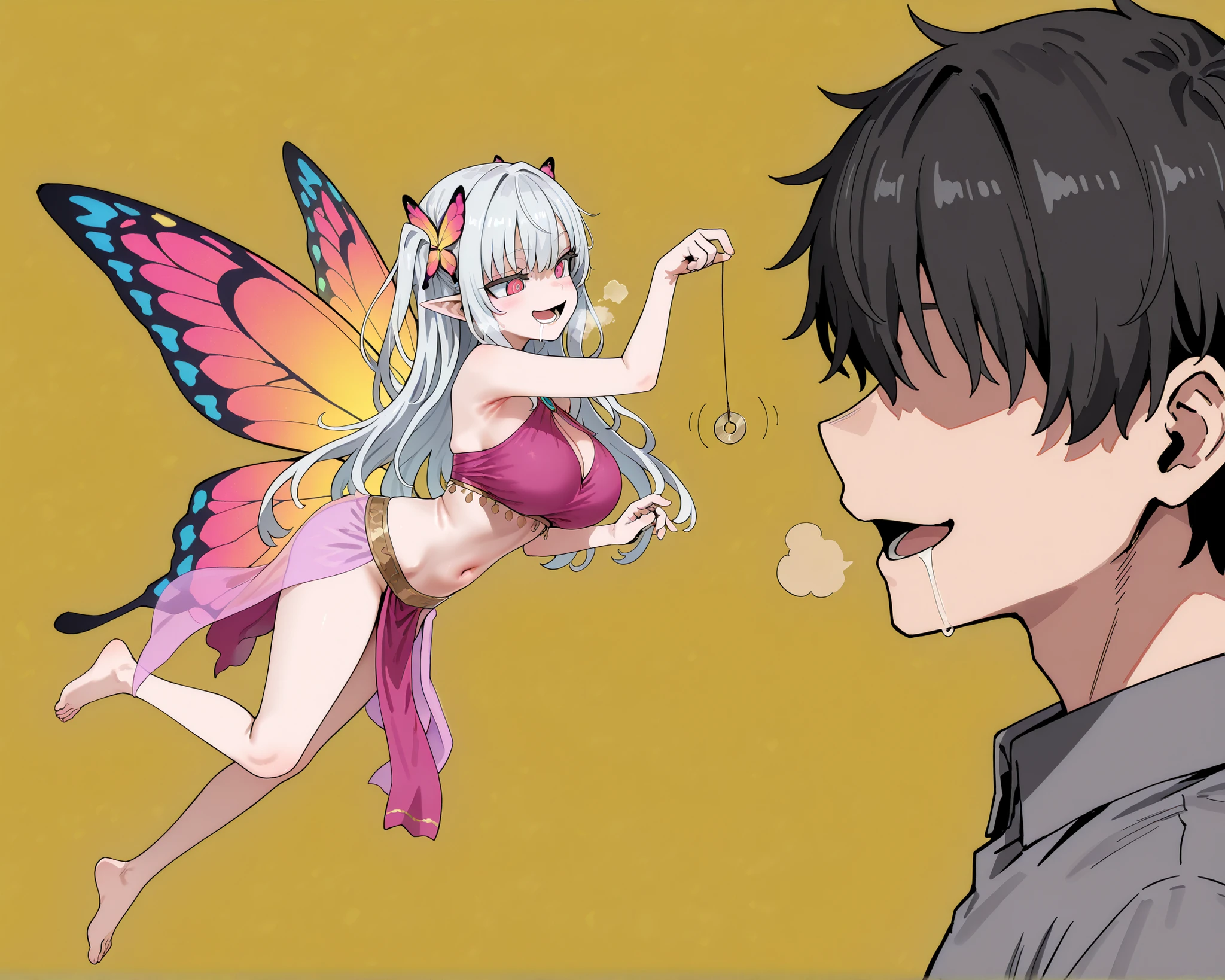 score_9, score_8_up, score_7_up, (1 girl, 1 boy, (top quality, 8k), high resolution, detailed, side view, (view from side:1.3), (looking at each other), (face to face:1.3),                                                                           
  (holding pendulum) \(hypnotist holding a pendulum\), hand up, ((forest background)), female hypnotist,  anime scene , beautiful anime, (forest:1.5).
(perfect hands), masterpiece, high quality, absurd resolution, beautiful hands, ringed eyes, she looking down at the boy,                  
  (asanagi style:0.9),  (good_hands), open mouth, large breasts, slender-waisted, slender body and slender legs, thin thighs, perfect hands, beautiful eyes, smug, dancer costume, bare feet, pointy ears, floating, pendulum, very thin waist, colorful butterfly wings, beautiful big wings, fairy girl, (expressionless), ((full body)), bare feet, (assertive female), (flying, floating),          
boy ahegao blushing, boy drooling, (submissive boy, boy shy and nervous), (submissive boy), boy's panting, heavy breath, boy looking at the pendulum, ((faceless boy)),  (boy dilated pupils), boy eyeroll, open mouth, aaah, a, lower teeth