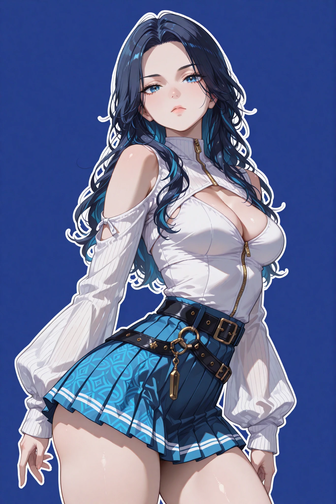 (masterpiece), best quality, expressive eyes, perfect face,1 girl, young woman, short hairs, gold eyes, looking at viewer, mid shot, seductive pose, serious, medium breasts, ((white top, shoulder cutout, cleavage cutout, belt, full sleeves, zipper, belts, thighs, visible butt, pleated, blue pattern, stripe)), (( blue eyes, dark blue hairs with highlights, long hairs, parted hairs, upper body, blue skirt, micro mini skirt)), (plain background), semi realistic, Balletcore, white outline, standing