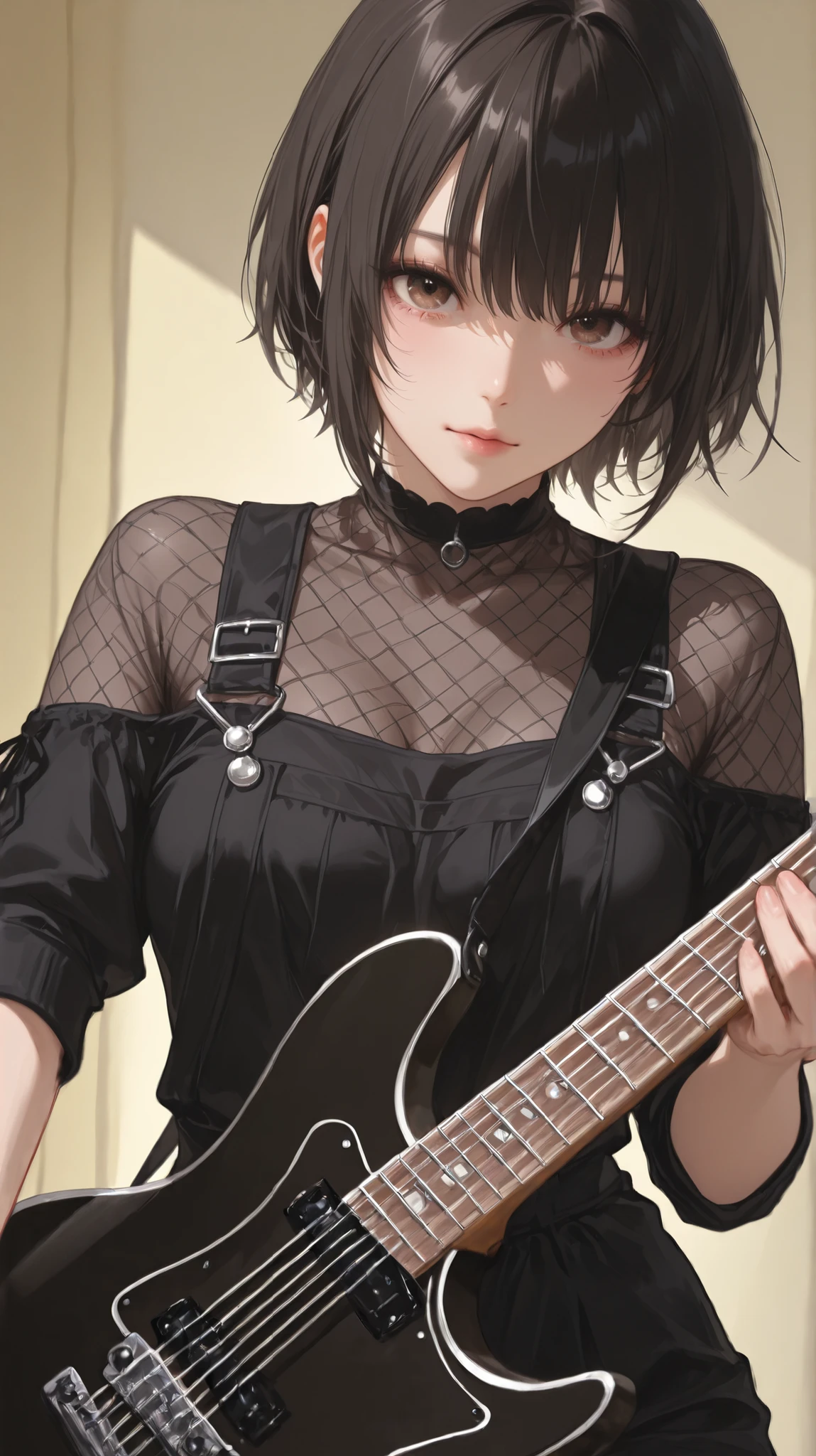 1 girl、black mesh short hair、Street style black outfit、playing electric guitar、is passionate and performs passionately、Singing powerfully、I'm wearing a slightly realistic 、as seen from a distance、Overall、full background、The background is black、Sing with passion、Front view、As seen from the front、Stage、Powerful Backgrounds