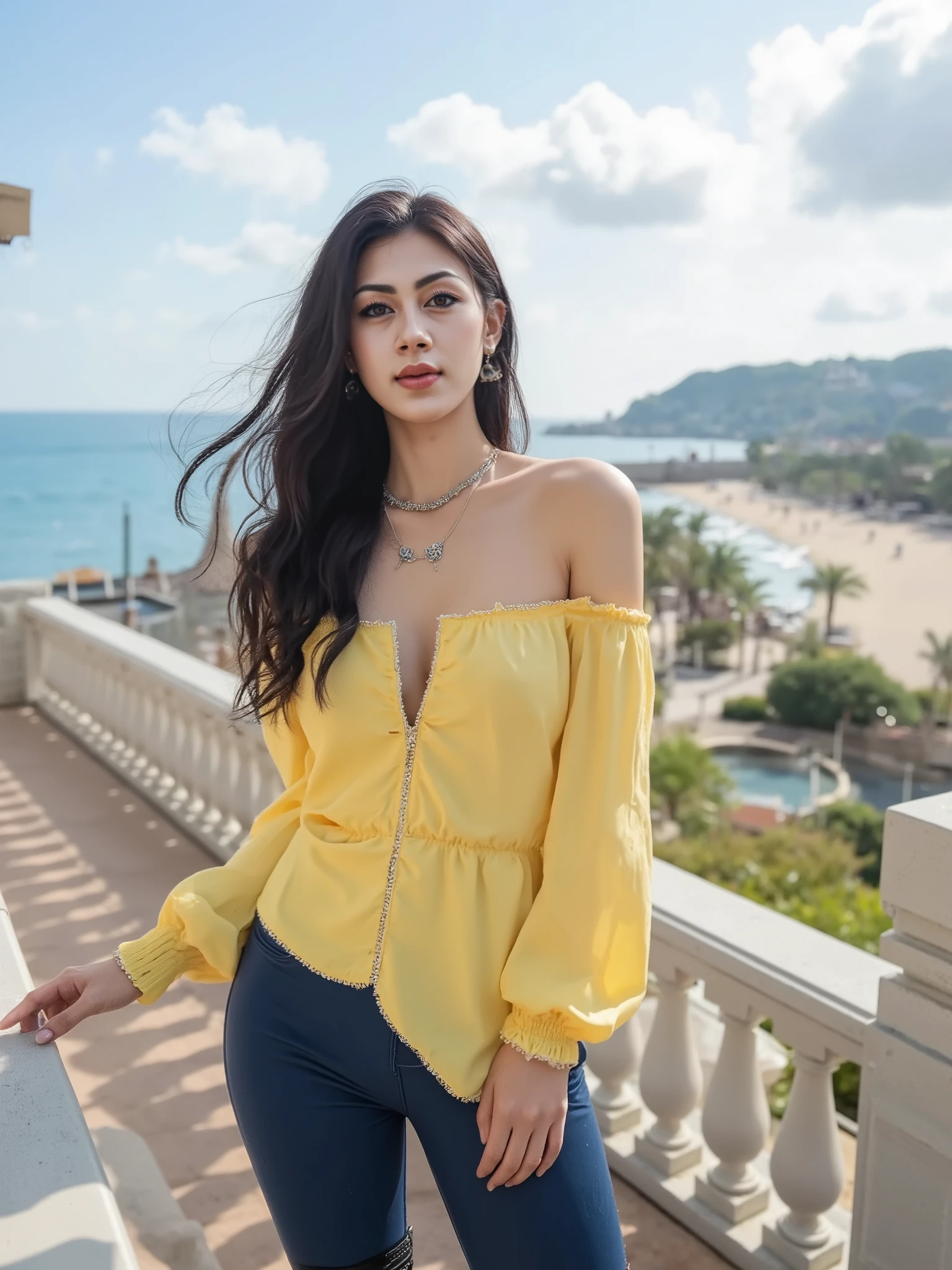 masterpiece, high quality,looking at the camera、(Standing sideways、Distant photo showing the whole body、poses that highlight buttocks)、 Beauty , Height, Pale eyes with sparkles , beautiful breasts, Standing sideways like a model、 beautiful and delicate face 、 An expression with an ephemeral sex appeal , enchanting gaze、 angelic expression , beautiful foothills、, Beautiful constriction and vertical navel、小さなお尻 sensual and erotic pose 、gesture of putting hand on mouth、 slim figure、 perfect style with both legs、 realistic and artistic photography style . beautiful woman under hoodie , sensual. A Beauty with an attractive and striking appearance . Curly hair with strong waves and one-sided black hair with braids , それは彼女を取り囲む warm夕方の光の中で輝いています . his face is delicate and clear , Light makeup . her skin is smooth . 、((Wear a blue-gray long sleeve oversized see-through knit off-shoulder mini dress in a sexy way、Embroidered details and small embellishments、 Braided Slit、black lace gloves))、(((black lace-up lace sexy knee high boots))) 、((Swarovski and pearl earrings and bracelets and necklaces、Resplendent Ring))、Accentuating her figure . . The background of the image is a European seaside cafe terrace with a beautiful sunset、(( warm, Gold lighting )), ((Her face is delicate and clear, probably because of the sunset )) . (( creates a romantic and fantastic atmosphere )) , ((( Flashes of light highlight her silhouette and hair ))) . The composition of the image conveys nature beauty and elegance .masterpiece, 最high quality, Ultra Fine, textured skin, anatomically correct,