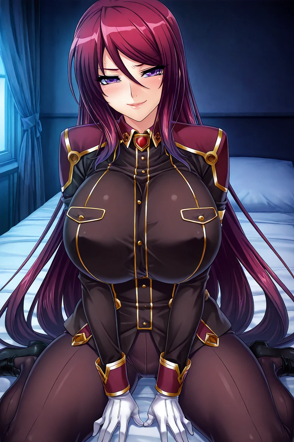 (Highres), (Detailed Illustration), Ultra-Detailed, Ambient Light, Backlighting, Realistic Shadows, Glowing Particles, Light Particles, Digital Art, Soft Light, Soft Lighting, Reflections, Detailed Face, (Detailed Hair:1.2), Dim Lighting, Indirect Lighting, Reflections, Detailed Face, (Detailed Hair:1.2), (masterpiece:1.4), (best quality:1.4), (Beautiful :1.4), (beautiful face:1.4),
(1girl:1.4),
upper body, cowboy shot, (sweat on the body:1.2),
bangs, belt, black footwear, blush, boots, gloves, high heel boots, indoors, jacket, knee boots, long hair,
military, military uniform, close mouth, (purple eyes:1.2), red hair, smile, solo, thigh boots, thighhighs, uniform, very long hair,
(pants:1.2), (:1.2),
, , covered ,
<lora:Beatrice_LoRA:0.8>,
<lora:more_details:0.5>,