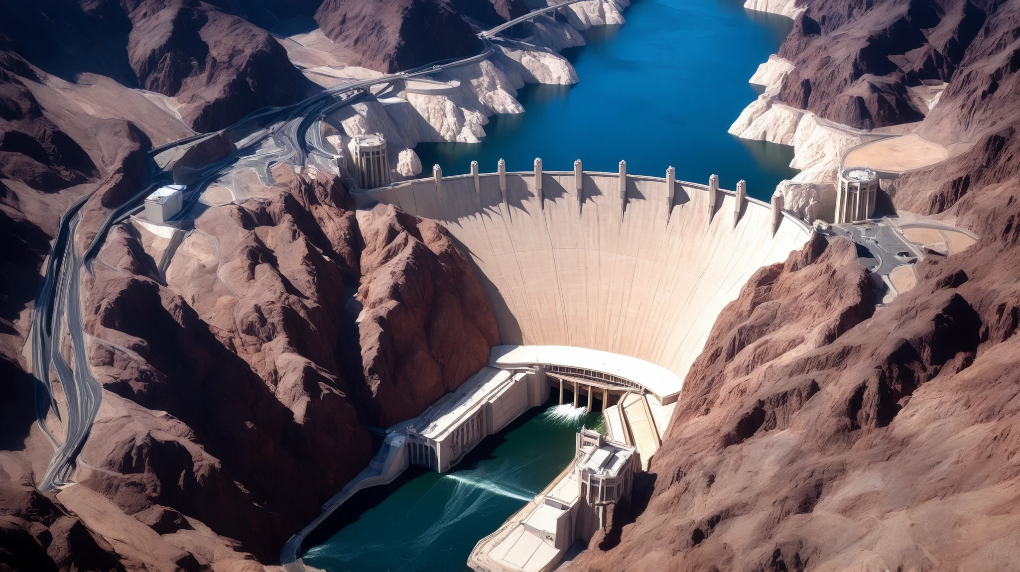 high-definition images、Nevada、Hoover Dam、Image taken from above、dammed the Colorado River、Lake Made was formed from stored water、fish at Lake Maid, jet ski, wait. You can、Spectacular dam exterior、