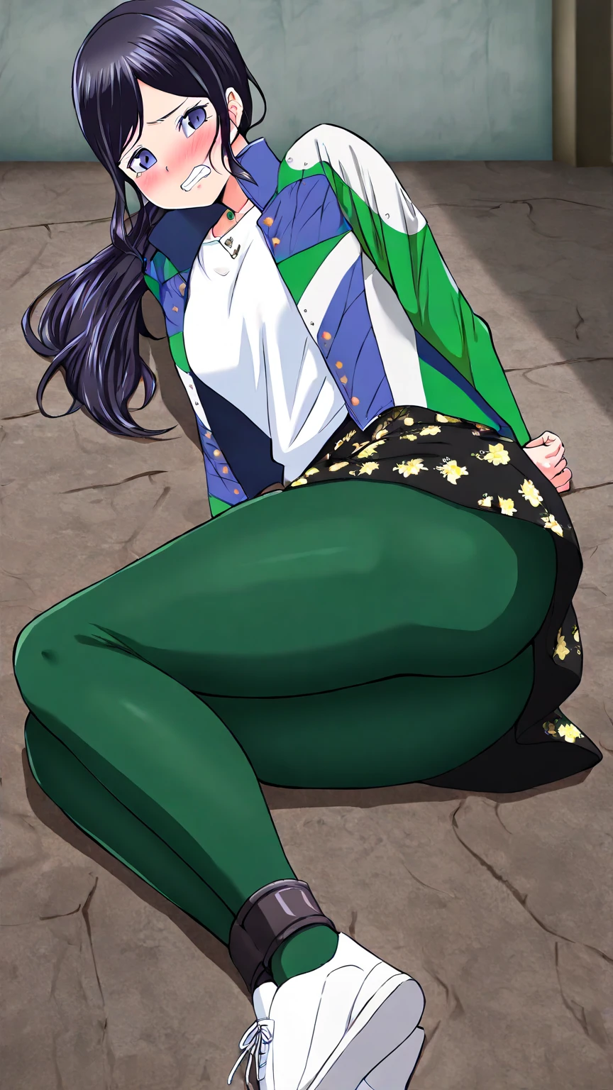 masterpiece, best quality, amazing quality, very aesthetic, absurdres, newest,  anime screenshot,  anime coloring,   <lora:JHStyle:0.6>jhstyle <lora:HammieKyugangerIllust:1>hammiekyuranger, 1girl, jacket, black hair, smile, black eyes, ponytail, long hair, shirt, floral print skirt, black_skirt green pantyhose, thick thighs,  v_sign wink clenched teeth,  smile,medium breasts,maku_lu_style, foot focus, barefoot, sitting, toes, 裸足, 足裏, 開脚