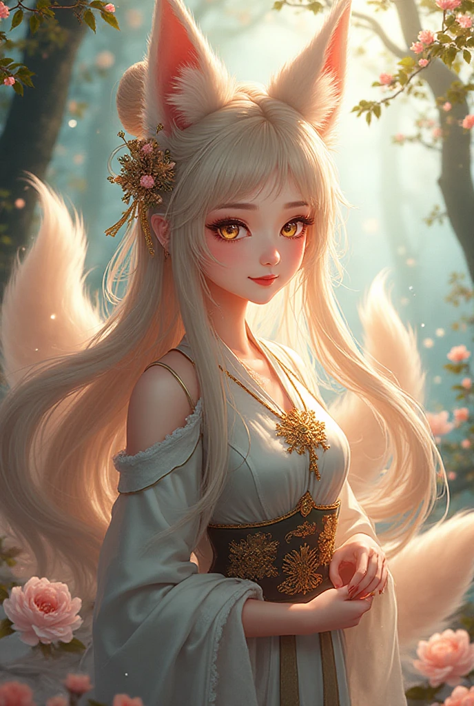 best quality,masterpiece,Ultra-high resolution,(photoactual:1.4),beautiful_Face,Twenty-five-year-old oriental nine-tailed demon fox woman,bright eyes,,Long silver hair above the waist,Wearing fairy costume(Bright 1:0),game vision,Oil paper umbrella in hand,Lake,Sitting on an antique boat