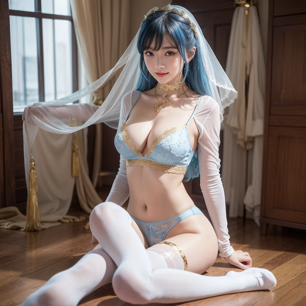 masterpiece, Highest quality, Very detailed, To the camera, 複雑に詳細なVery detailed, Realistic, Sharp features, Very detailed, Sharp focus, Perfect Face, Perfect Face, Perfect symmetry and perfect eyes, Perfect Plump Lips, Flexible female form, Cinematic, Film Light, Very detailed, hyper Realistic, masterpiece, Atmospheric, High resolution, Vibrant, Dynamic Studio Lighting, ((Dark Background)), The expression when enduring pleasure, Straight bangs, blue eyes,Back view 、、 aroused expressions、White micro  lingerie and garter stockings、White Veil