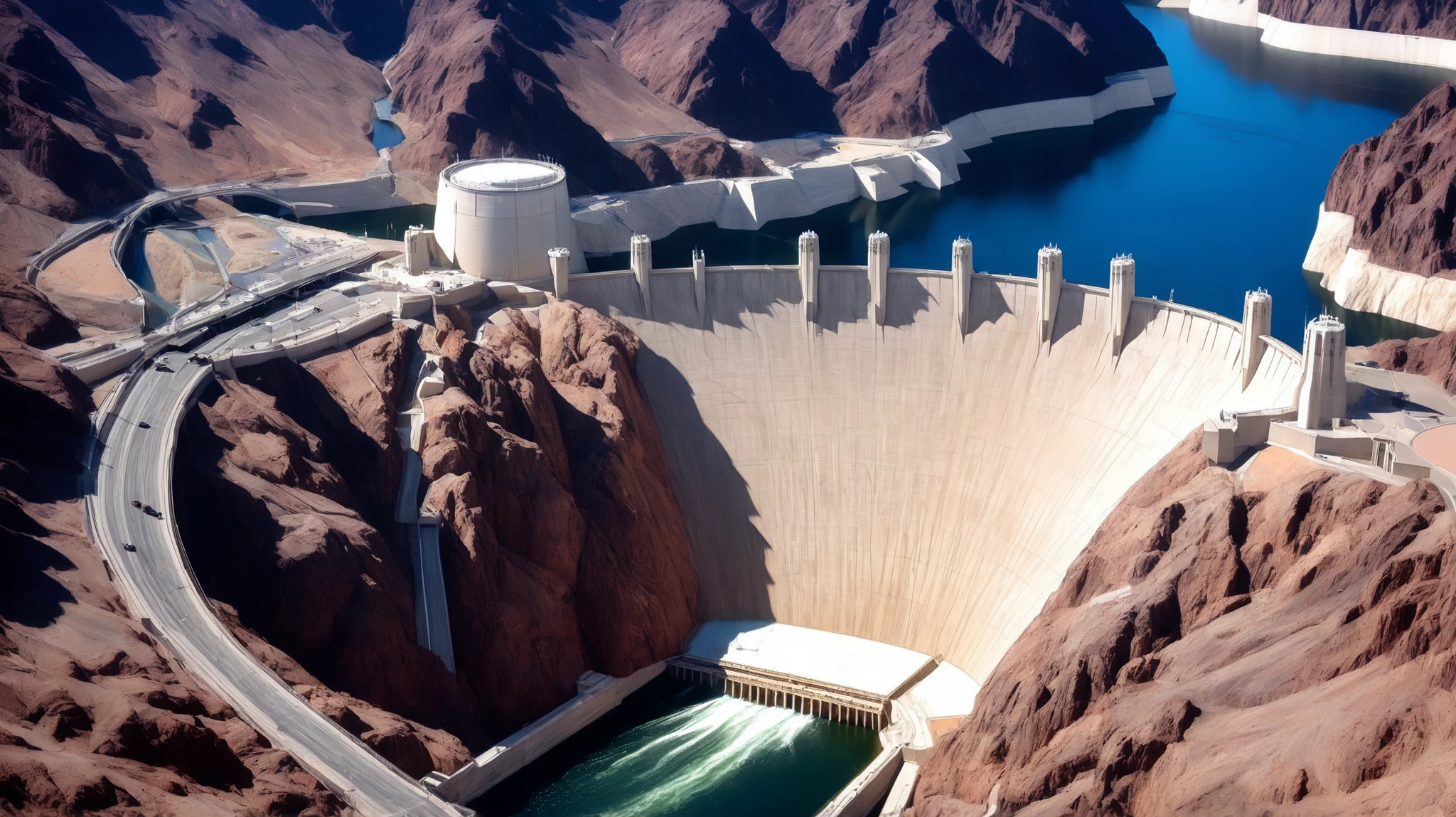 high-definition images、Nevada、Hoover Dam、Image taken from above、dammed the Colorado River、Lake Made was formed from stored water、fish at Lake Maid, jet ski, wait. You can、Spectacular dam exterior、