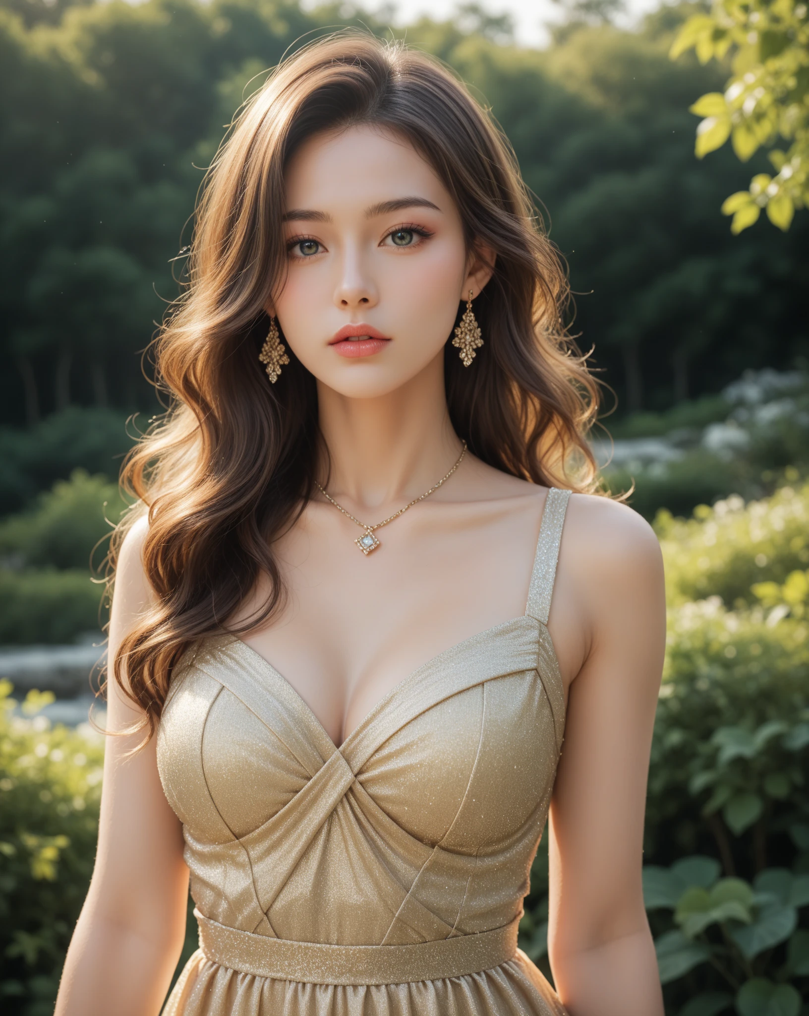 ((Best quality, 8k, masterpiece:1.3))，1girl，18 years old，Asian，Real texture:1.3，(Background blur:1.3)，Dress Up，Tall and slender figure:1.2，(Hot summer weather)，（garden:1.3），Highly detailed face and skin textures，Exquisite eyes，Long eyelashes，Double eyelids，Skin Whitening，happy，Breast