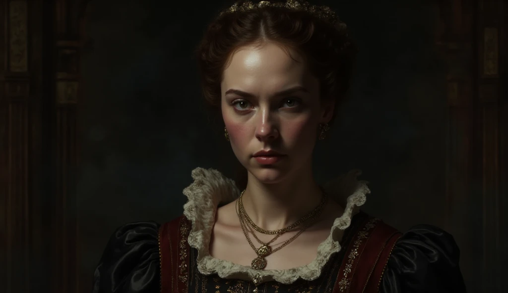 (masterpiece, best quality:1.2), <lora:orianna-18:0.7>, oriannaW3_soul3142, 1girl, solo, looking at viewer, short hair, brown eyes, jewelry, red hair, pearl necklace, lips, fangs, blood, black background, portrait, freckles, dark