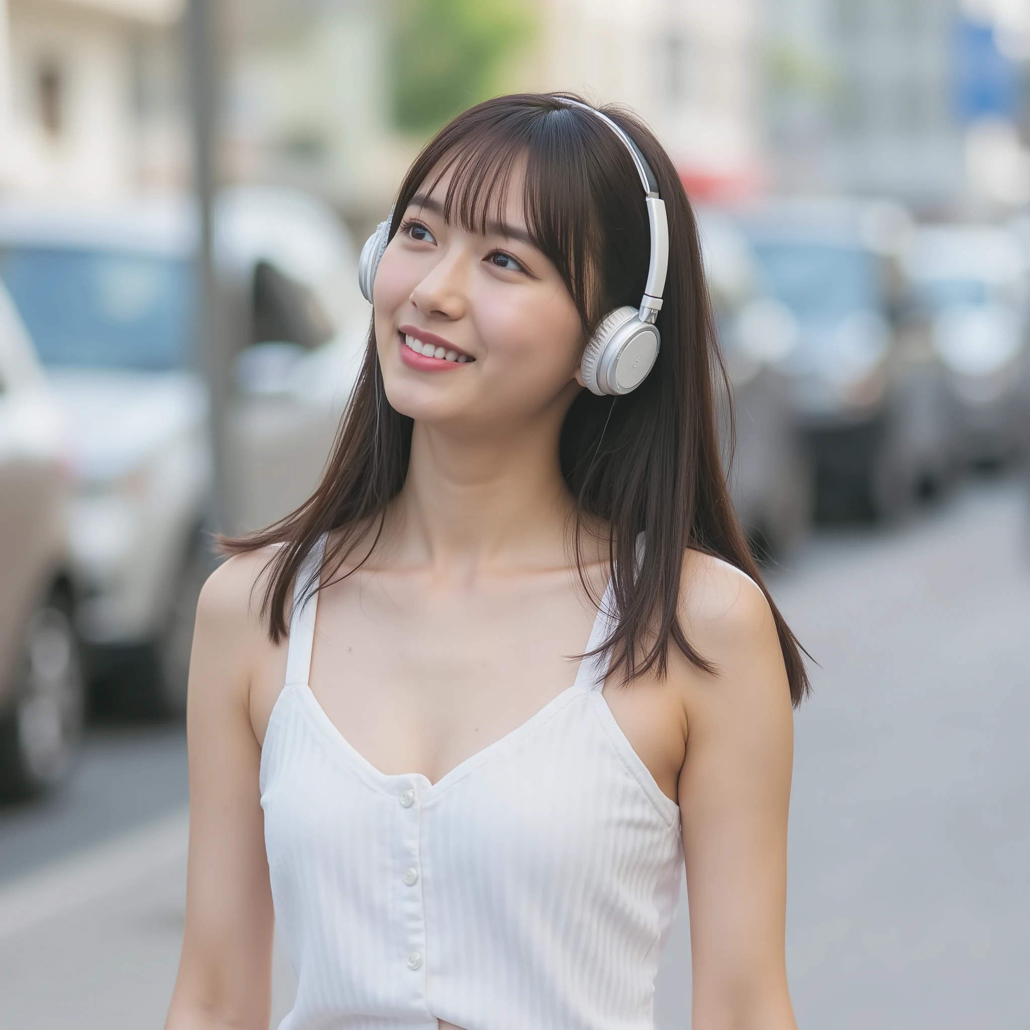 Highest Quality, Surreal RAW photo, (24-year-old famous Japanese top idol woman),((she's walking around town wearing a white tank top and white headphones:1.10)), ((The city's beautiful OL:1.5)), ( ultra clear focus ), Long brown hair upstyle, beautiful big eyes with perfect double eyelids, Perfect Eyebrows, beautiful tall, has an attractive figure with a thin waist, I look at viewers and ask for help {X} wears a short pleated mini skirt party dress), full of intense sensuality, detailed human body and fingers, walks through the city,