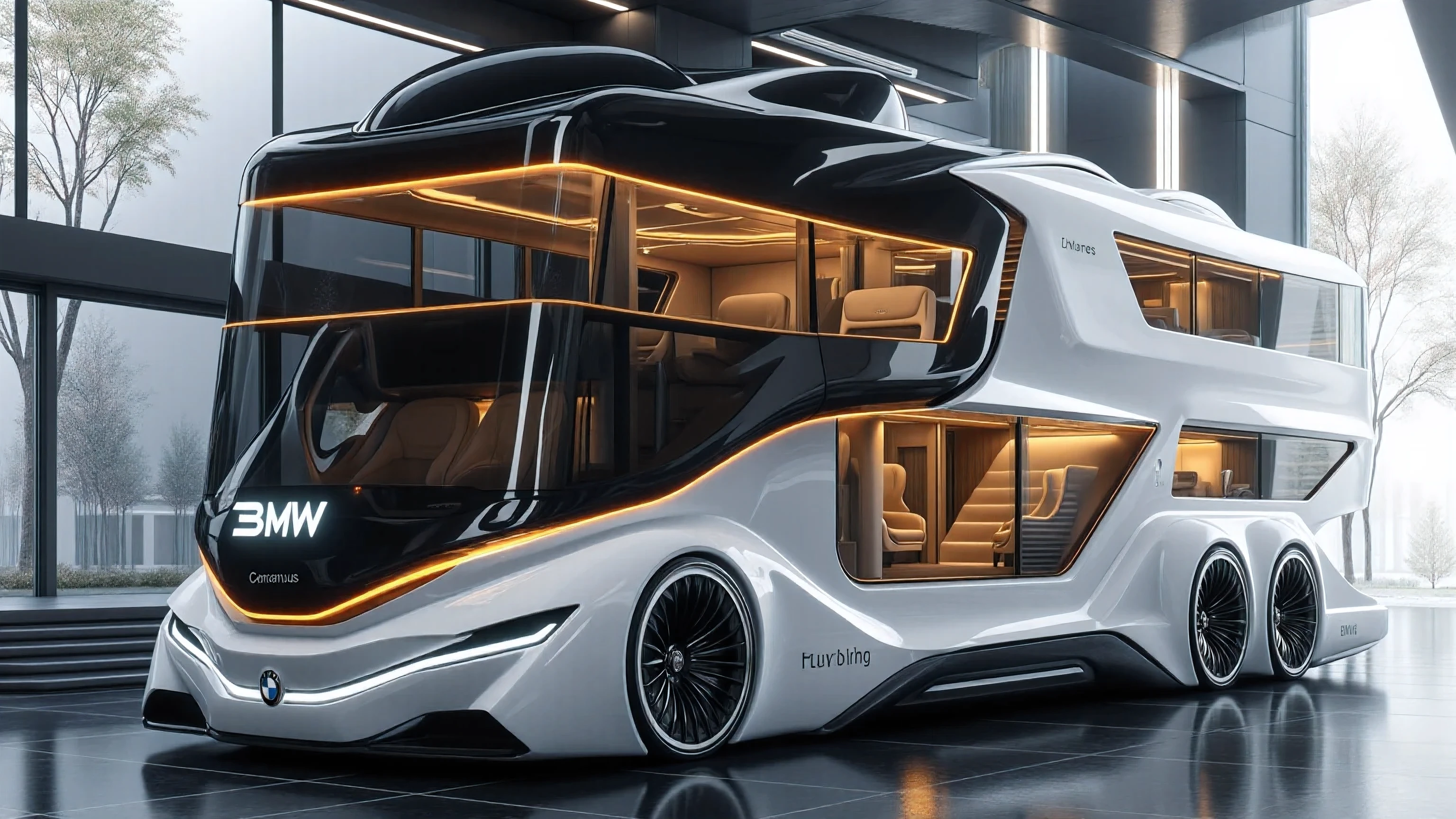 DE_style, A hyper-realistic render of a futuristic luxury motorhome concept with a sleek and aerodynamic design, styled like a supercar fused with a two-story tour bus. The vehicle is glossy white with smooth black accents and sharp flowing curves that wrap around the body. The front features an aggressive sports car–like fascia with angular LED headlights, air intakes, and a bold BMW logo centered at the bottom. Above the logo, the black windshield area has futuristic digital-style text that clearly displays "BMW" in glowing white characters, replacing any other text.

The motorhome has two levels: the upper floor with large panoramic tinted windows and golden interior lighting visible, showcasing luxury seating and a modern lounge inside. The lower level has wide glass sliding doors with a visible interior lounge area, modern chairs, and ambient lighting. A stylish set of stairs leads up from the floor into the vehicle’s lower entry.

The vehicle sits on oversized black performance wheels with low-profile tires, white branding text visible on the sidewalls. The design is futuristic yet functional, with three axles at the back and one at the front, creating a strong stance. The roof has aerodynamic sculpted fins and detailing.

The setting is a modern showroom with dark polished flooring, minimalist walls, and long horizontal LED light strips on the ceiling and wall, adding to the high-tech atmosphere. Large glass windows allow natural light and trees from outside to be seen. The entire scene should look ultra-detailed, cinematic, and photorealistic, emphasizing futuristic automotive luxury and design innovation.