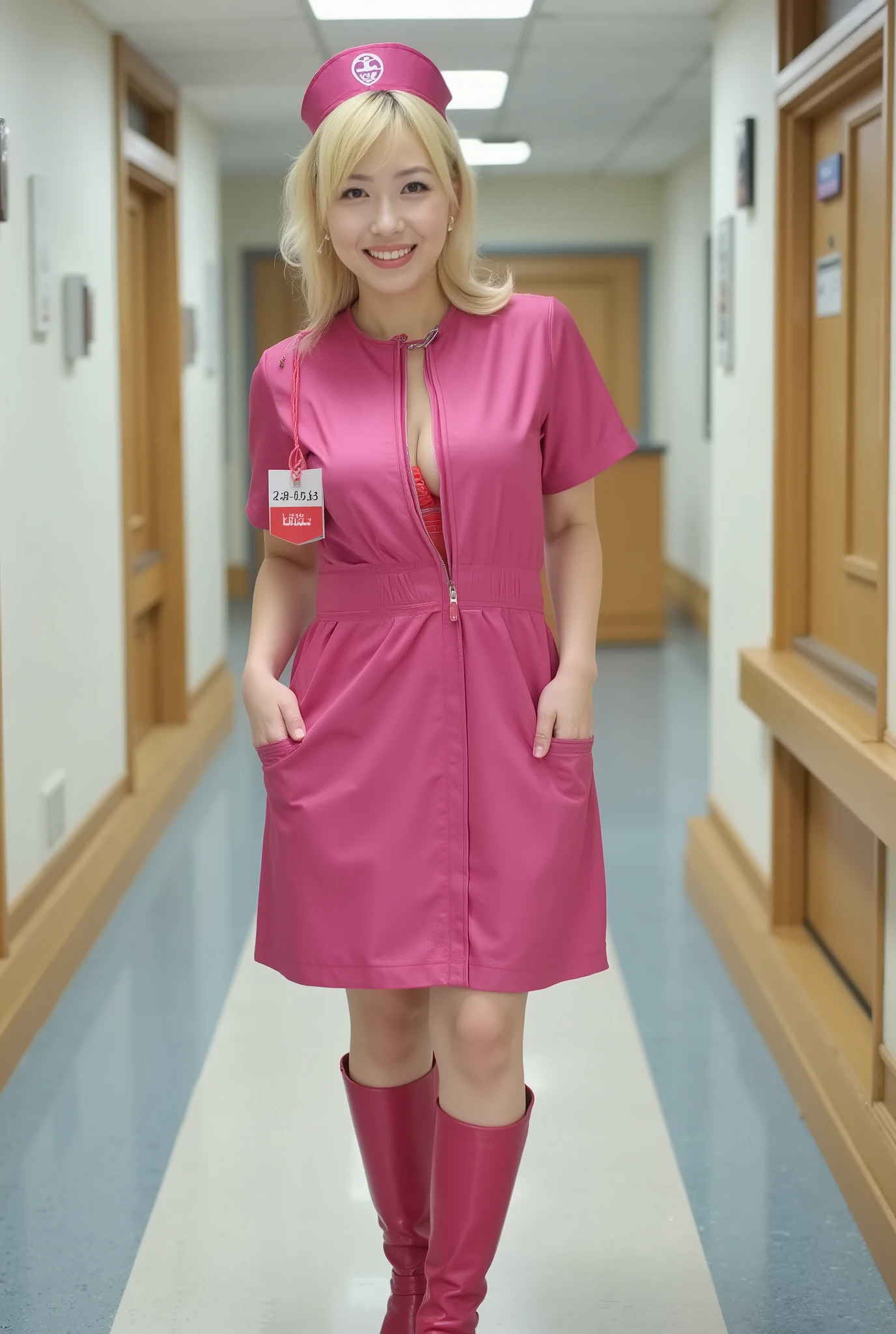 Blonde、なmature、1people々composition:1.5、、big boobs、hugeな、big boobs、an even bigger、24 year old Japanese gal、thighs、thighs、thin waist、Waistline、tightens the waist、(((Big Smiles)))、in the hospital hallway、1people々々、big boobs、huge、big boobs、an even bigger、24 year old Japanese gal、thighs、少し乱れたBlonde、、mature、fuchsia satin dress、nurse uniform with front zipper、when the zipper is lowered、opens wide at the chest、I can see the red lace bra through the open zipper、、fuchsia knee-length long boots、knee-length satin skirt、