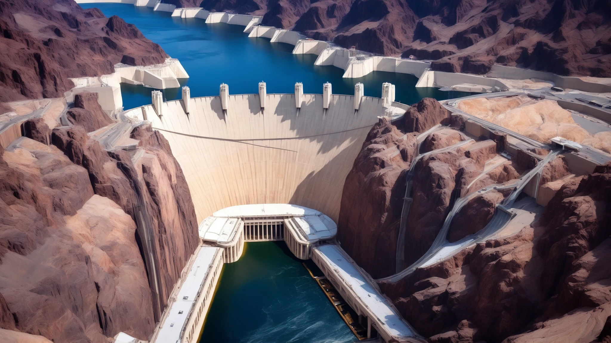 high-definition images、Nevada、The huge Hoover Dam、Image taken from above、dammed the Colorado River、Lake Made was formed from stored water、fish at Lake Maid, jet ski, wait. You can、Spectacular dam exterior、mega structure,