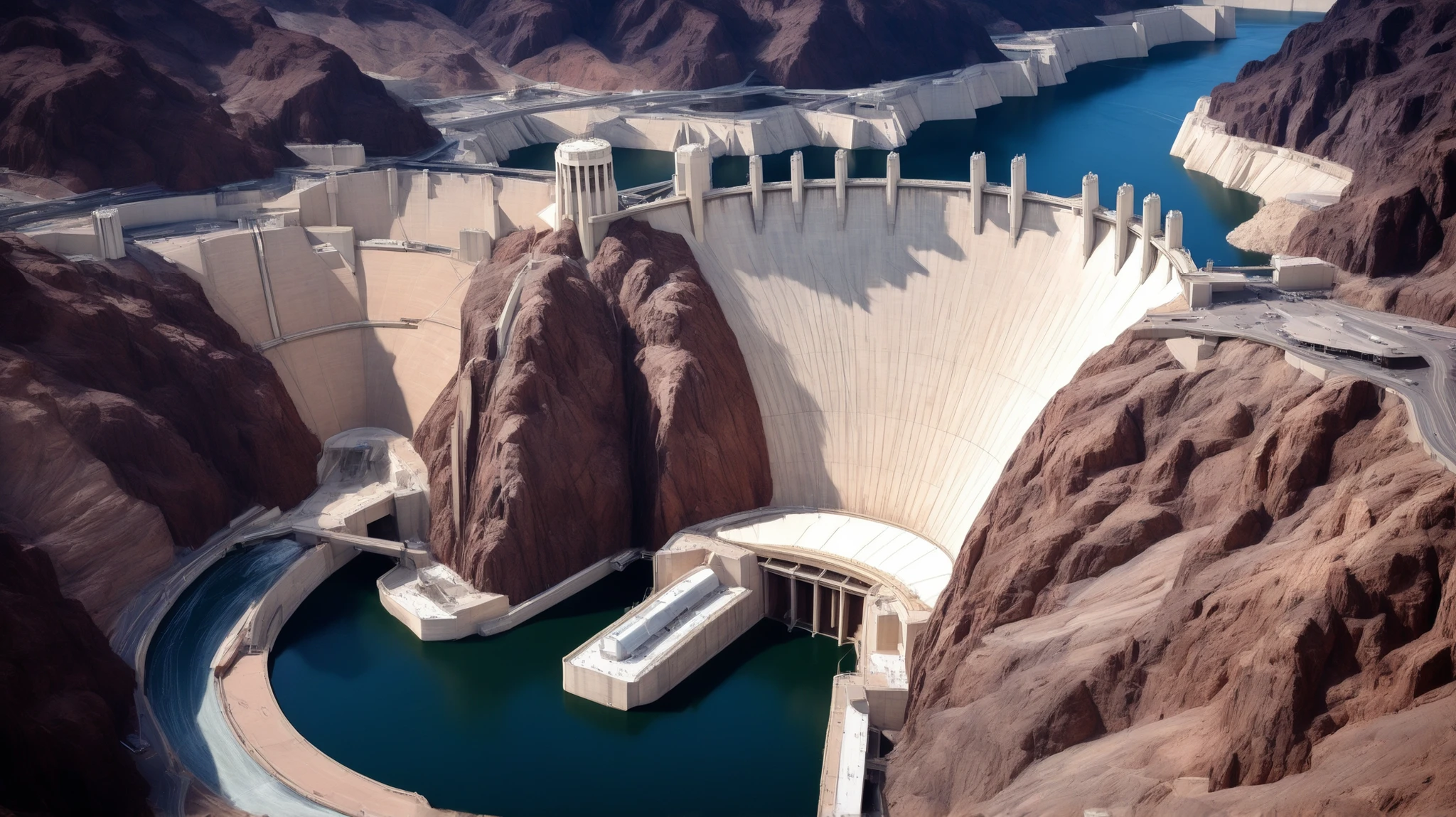 high-definition images、Nevada、The huge Hoover Dam、Image taken from above、dammed the Colorado River、Lake Made was formed from stored water、fish at Lake Maid, jet ski, wait. You can、Spectacular dam exterior、mega structure,