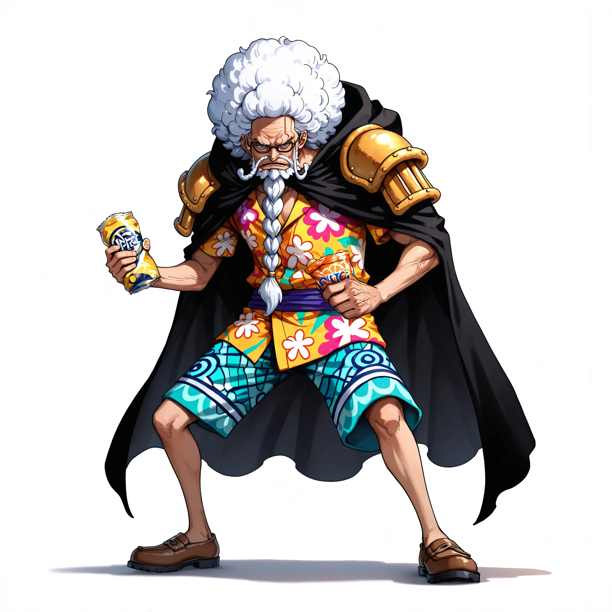 (male), (old man), (white afro hair), (long braided beard), (glasses), (serious face), (solo), (single character), (full body version), (white background), (no background), (highly detailed), (shadow), (standing pose), (natural light), (detailed outfit), (detailed hand), (detailed face), (detailed hair) Wearing a colorful Hawaiian shirt with floral patterns, patterned shorts, brown loafers, and a long white admiral cloak with golden shoulder pads, holding a snack in one hand. (One piece style art)