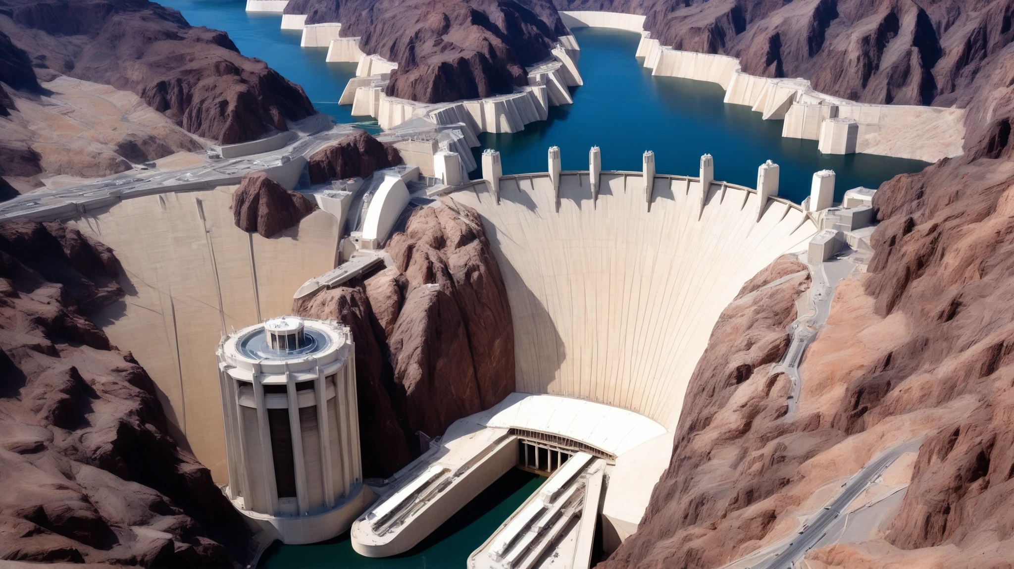 high-definition images、Nevada、The huge Hoover Dam、Image taken from above、dammed the Colorado River、Lake Made was formed from stored water、fish at Lake Maid, jet ski, wait. You can、Spectacular dam exterior、mega structure,