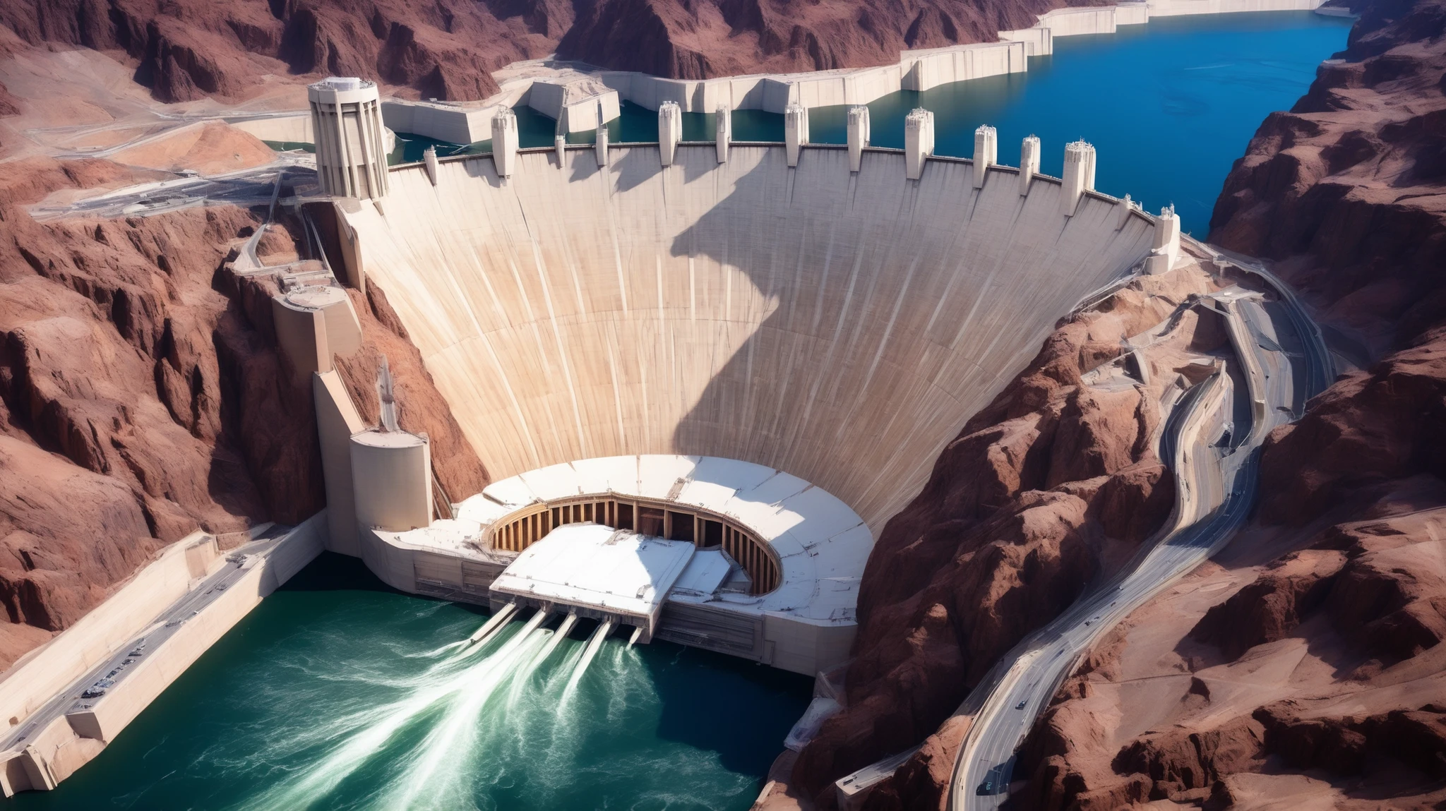 high-definition images、Nevada、The huge Hoover Dam、Image taken from above、dammed the Colorado River、Lake Made was formed from stored water、fish at Lake Maid,  jet ski, wait. You can、Spectacular dam exterior、mega structure,
