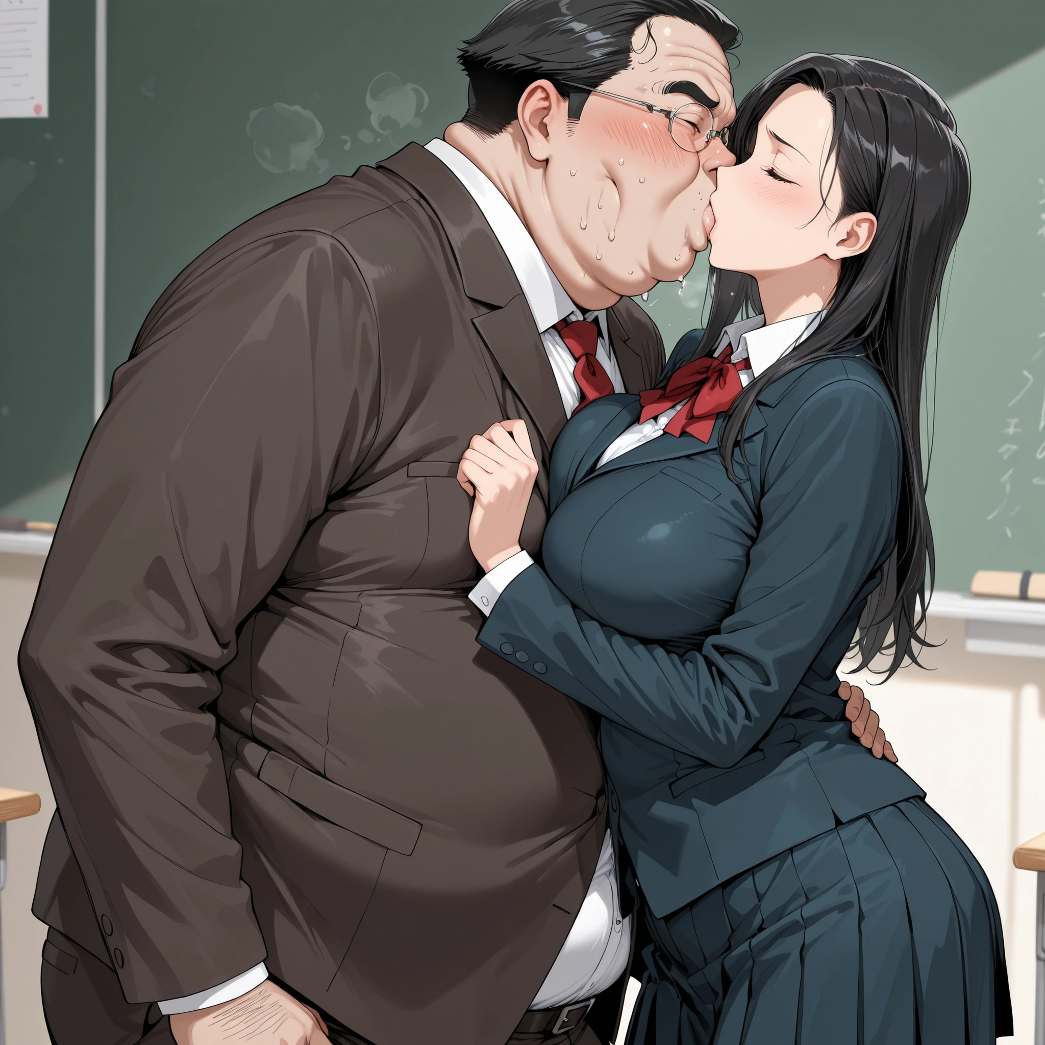 slim girl(high school uniforms,long,hair,breasts) AND Obesity boy((fat:1.4),(rimless glasses:0.3),teacher,suit,chubby face,(slicked back hair:0.5),male,ugly),deep kiss,high quality,black hair