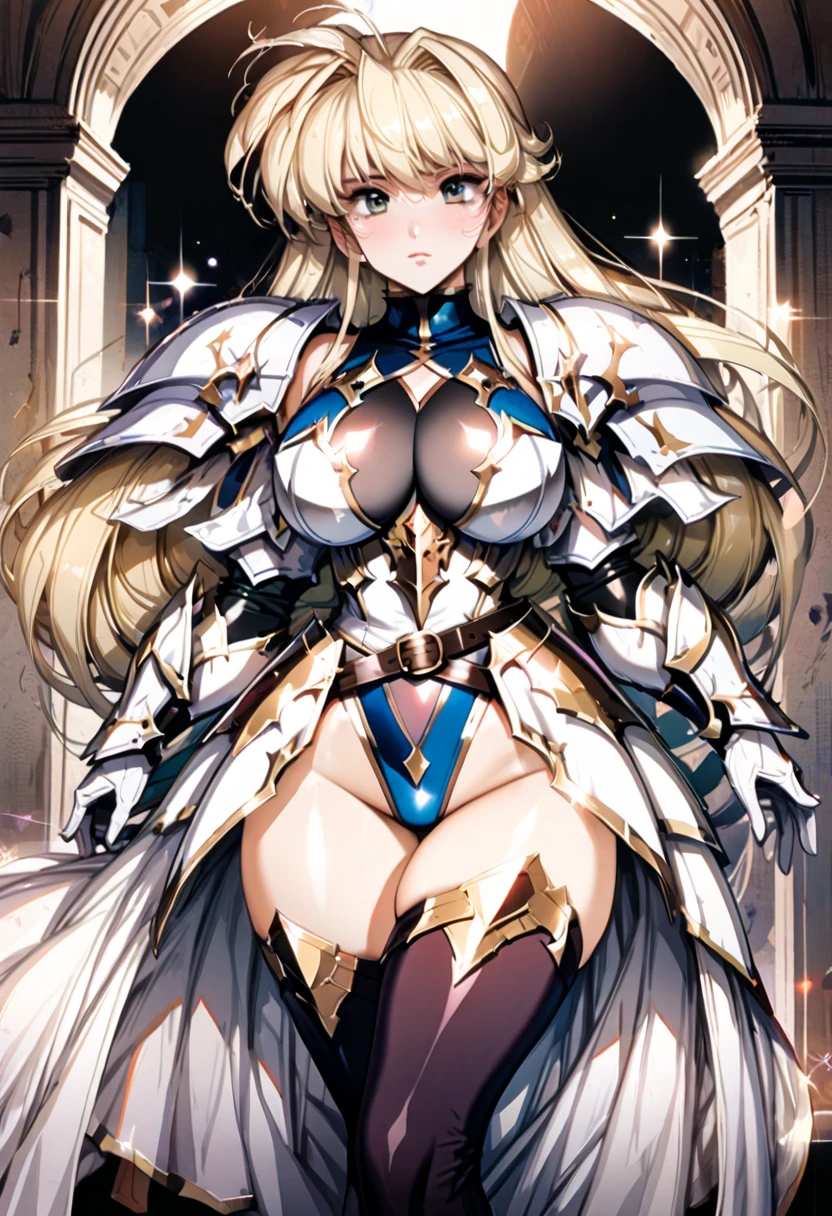 ((highest quality)), ((masterpiece)), ((hyperrealistic)), (detailed background), solo, 1girl, ((curvy: 1.2)), kawaii, ((armored dress)), langrisser, blonde braided long hair, (paladin armor), ((Tight-fitting leotard )), (()), ((arm guard gauntlet)), metal harness breastplate, belt waist armor, ((zettai ryouiki thigh boots)), (big ), (cleavage cutout), (Groin), (thigh), perfect noble cloak, beautiful aqua eyes, droopy eyes, perfect face, Perfect hands, perfect fingers, Blue sky and grassland, posing,