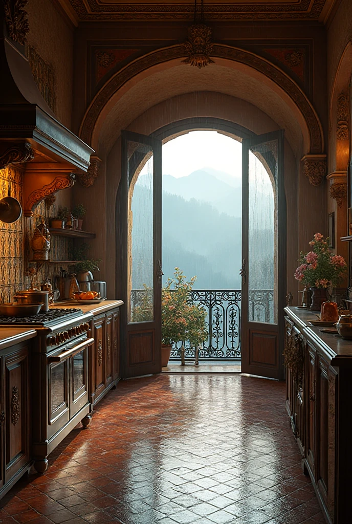 Medium-sized luxurious Andalusian-European kitchen interior, ornate ...