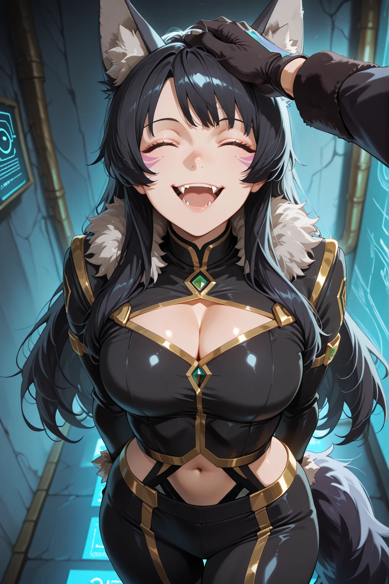 score_9, score_8_up, score_7_up, score_6_up, source_anime, 1girl, solo, delta, black hair, long hair, facial mark, wolf ears, black bodysuit, long sleeves, cleavage cutout, gold trim, navel, black pants, black gloves, fur trim, tail, smile, open mouth, fangs, very happy, from above, looking at you, closed eyes headpat, pov arm, arms behind back