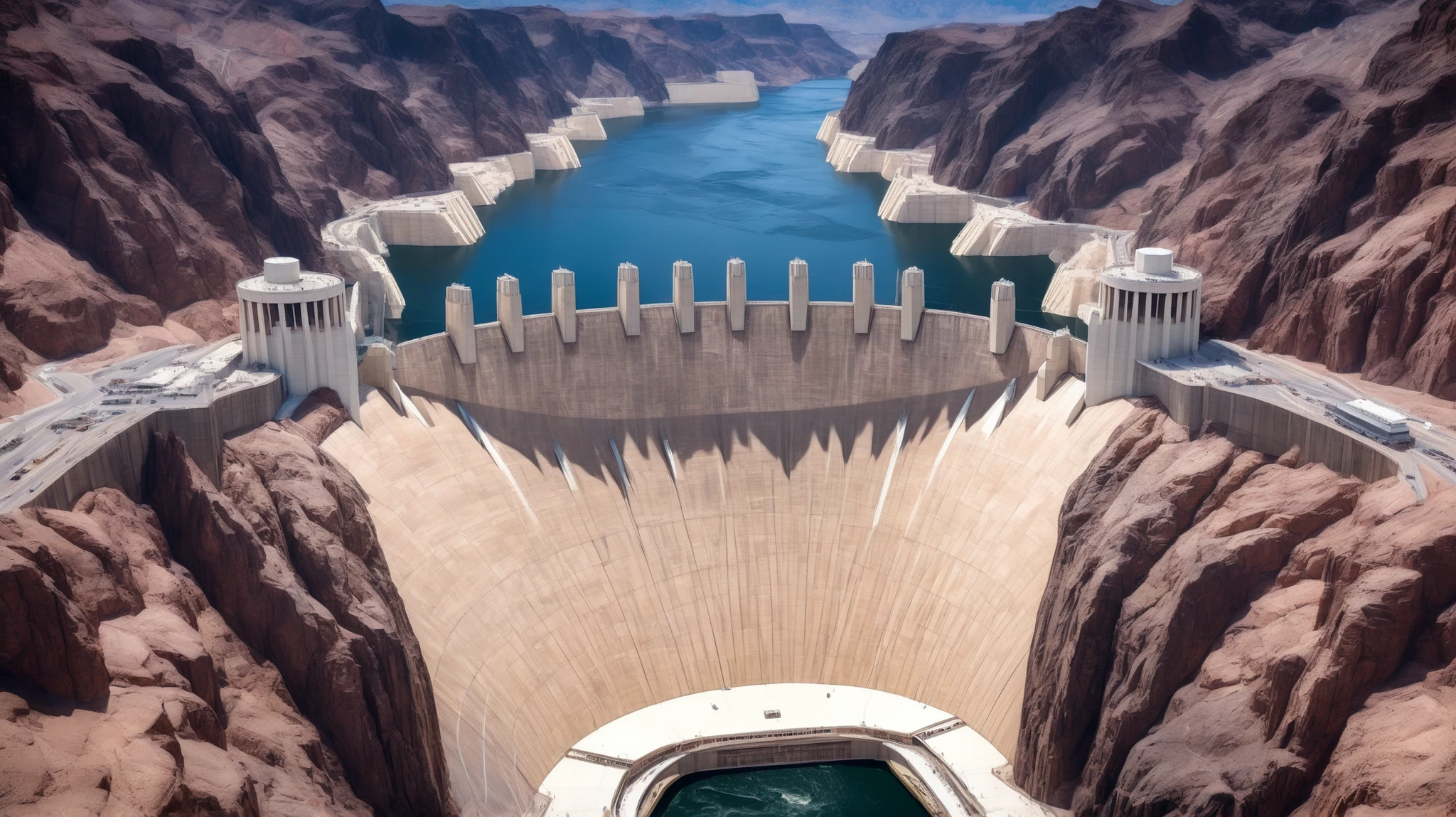 high-definition images、Nevada、The huge Hoover Dam、Image taken from above、dammed the Colorado River、Lake Made was formed from stored water、fish at Lake Maid,  jet ski, wait. You can、Spectacular dam exterior、mega structure,
