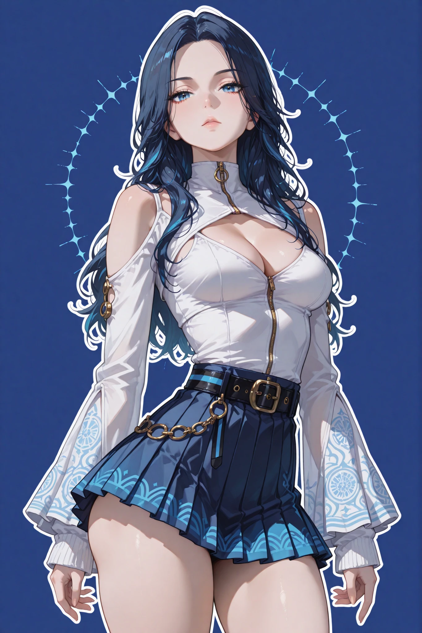 (masterpiece), best quality, expressive eyes, perfect face,1 girl, young woman, short hairs, gold eyes, looking at viewer, mid shot, seductive pose, serious, medium breasts, ((white top, shoulder cutout, cleavage cutout, belt, full sleeves, zipper, belts, thighs, visible butt, pleated, blue pattern, blue stripe)), (( blue eyes, dark blue hairs with highlights, long hairs, parted hairs, upper body, blue skirt, micro mini skirt, front view, facing viewer)), (plain background), semi realistic, Balletcore, white outline, standing