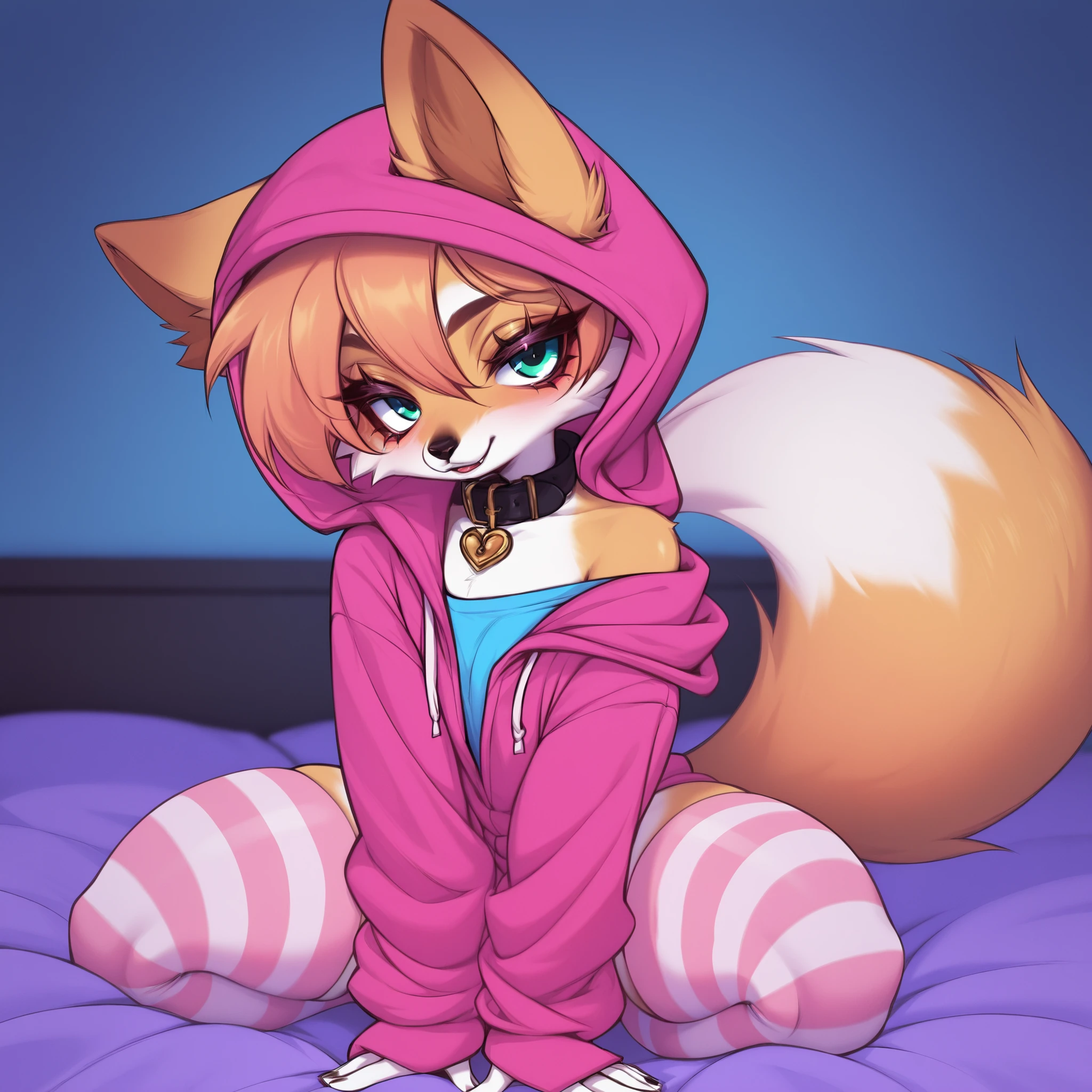 femboy fox, collar with heart on it, pink striped thigh high socks, hoodie, exposed shoulder, looking at viewer through his eyelashes, score_9, score_8_up, score_7_up, on a bed, on knees