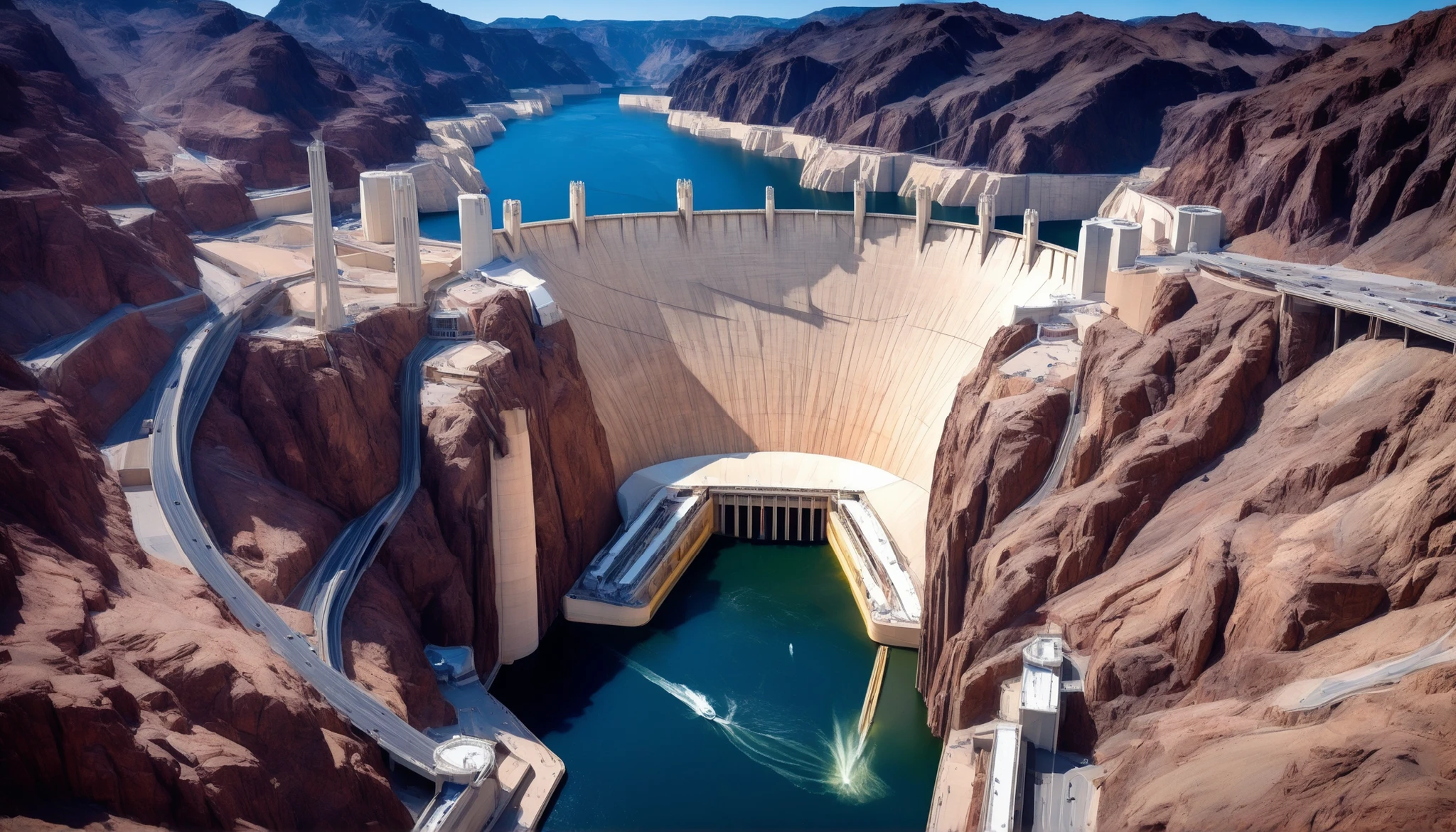 high-definition images、Nevada、The huge Hoover Dam、Image taken from above、dammed the Colorado River、Lake Made was formed from stored water、fish at Lake Maid, jet ski, wait. You can、Spectacular dam exterior、mega structure,