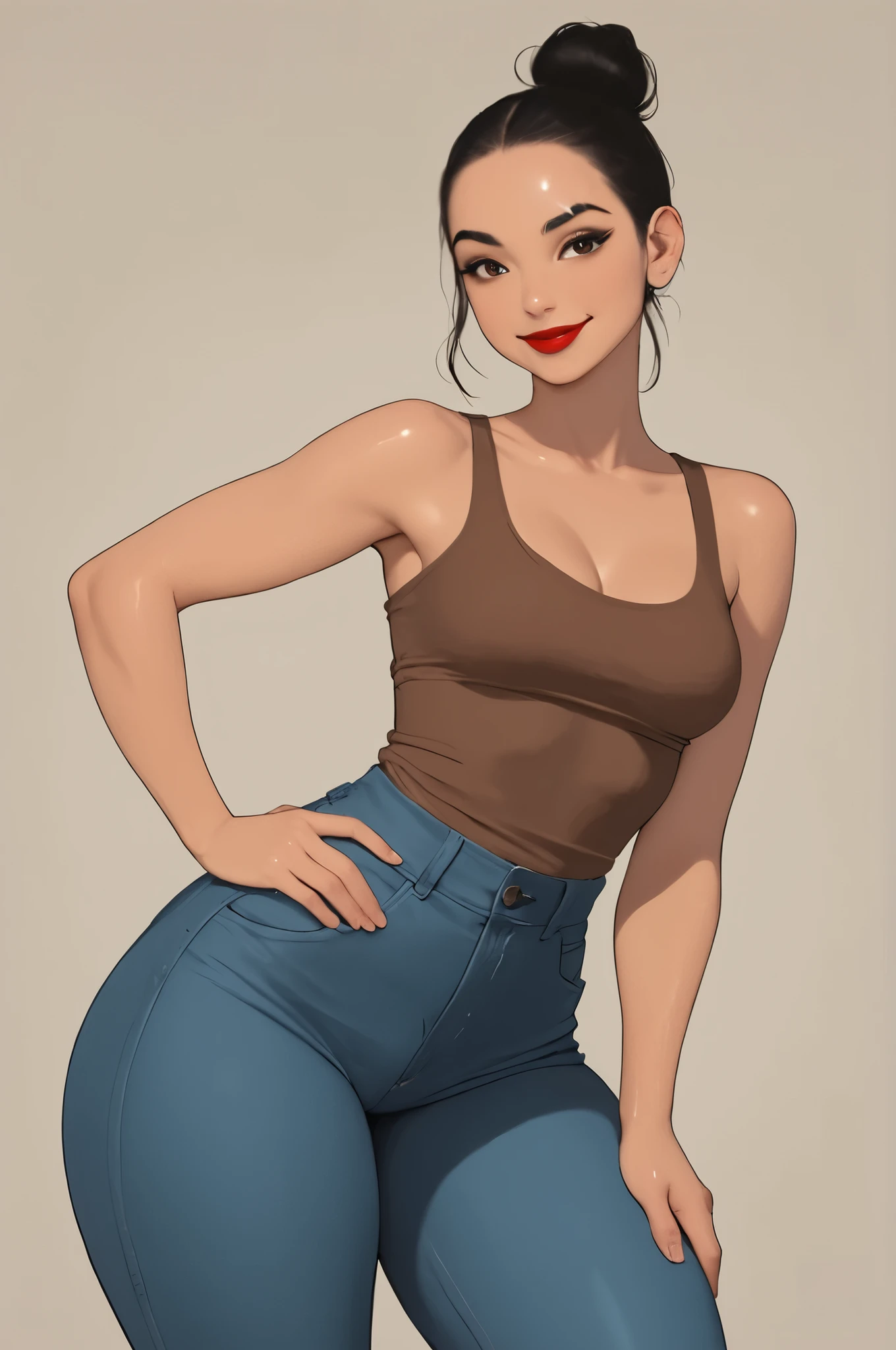 1girl, perfect body, black hair, hair bun kont top, forehead, black thin eyebrows, big brown eyes, black eyeliners, red thick lipstick, big smile, beautiful girl, medium breasts, brown tank top, blue jeans pants, thick thighs, hand on hip, ((shiny skin)), ((glossy skin))
