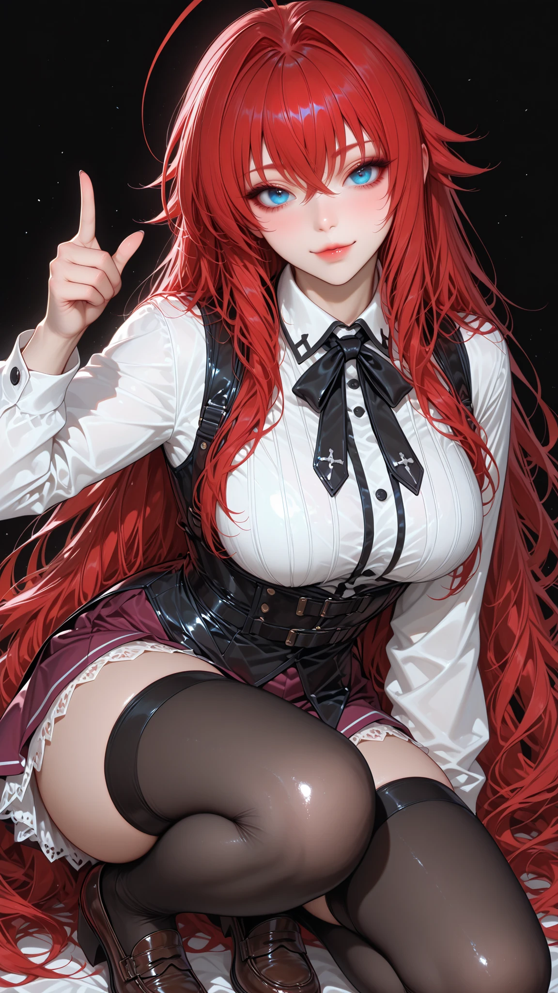 score_9, score_8_up, score_7_up, score_6_up, score_5_up, score_4_up, yu hee, red eyes, red hair, long hair, ,   shoulders, tassel earrings , ,red lipstick, stockings , white shirt,skirt, black laced bra