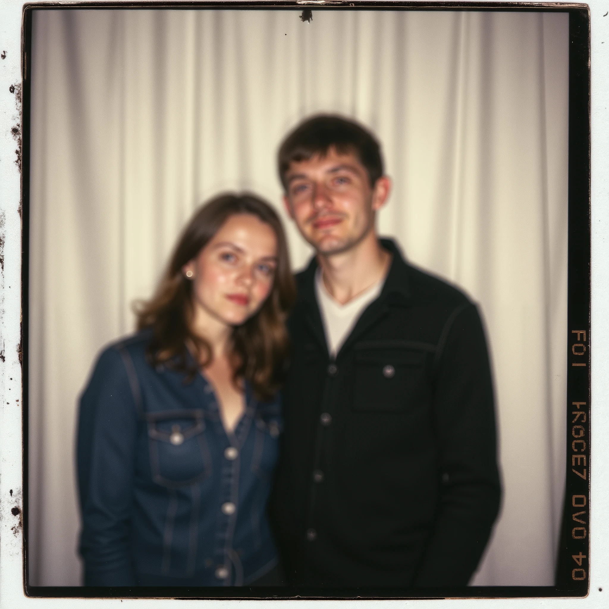 A Polaroid-style photo with two people standing close together. The picture should look like an ordinary snapshot, without a clear subject, and slightly blurred. Lighting should resemble a flash coming from a dark room, spreading evenly across the photo. Keep the faces unchanged. Replace the background behind them with a simple white curtain