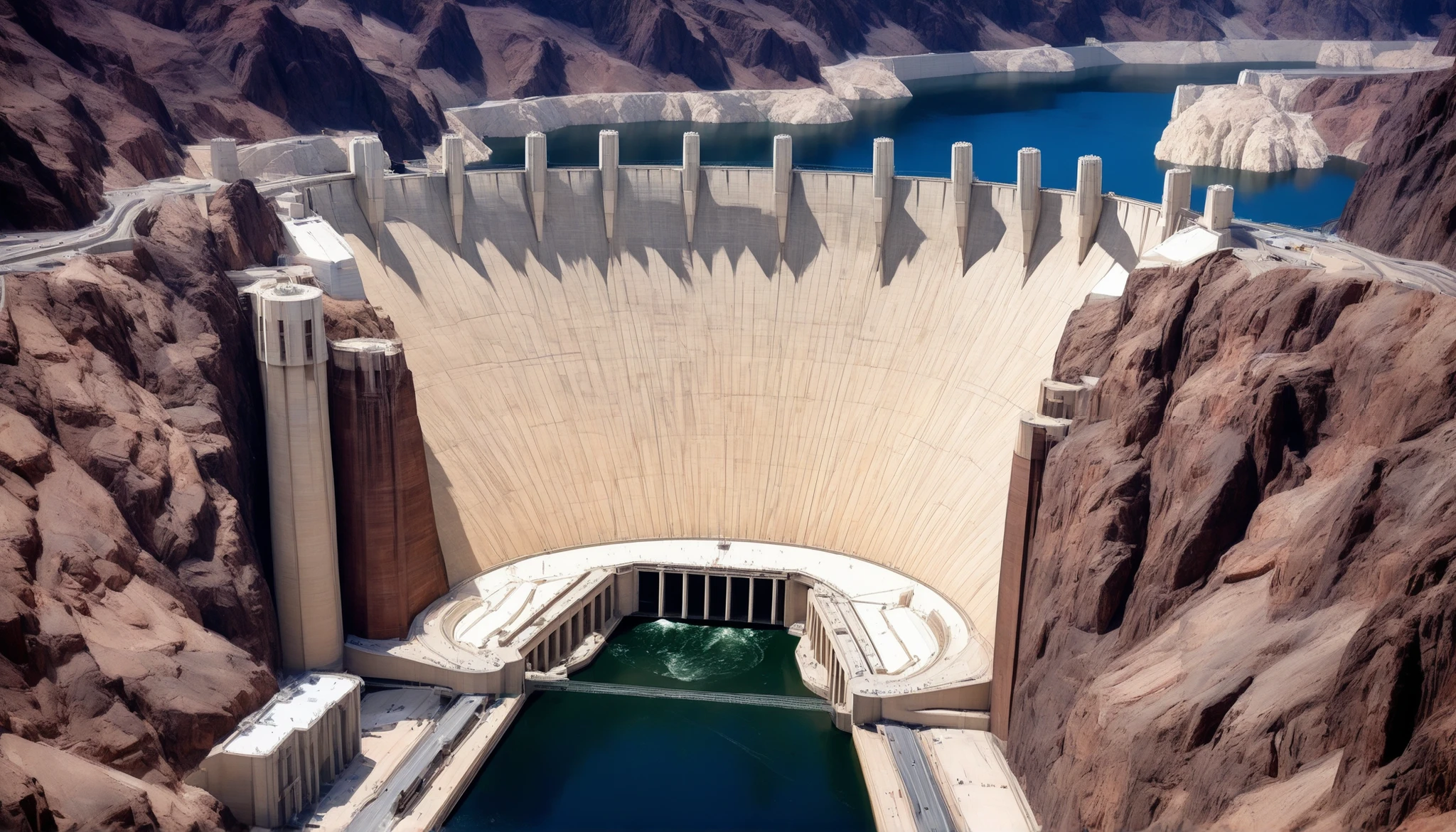 high-definition images、Nevada、The huge Hoover Dam、Image taken from above、dammed the Colorado River、Lake Made was formed from stored water、fish at Lake Maid,  jet ski, wait. You can、Spectacular dam exterior、mega structure,
