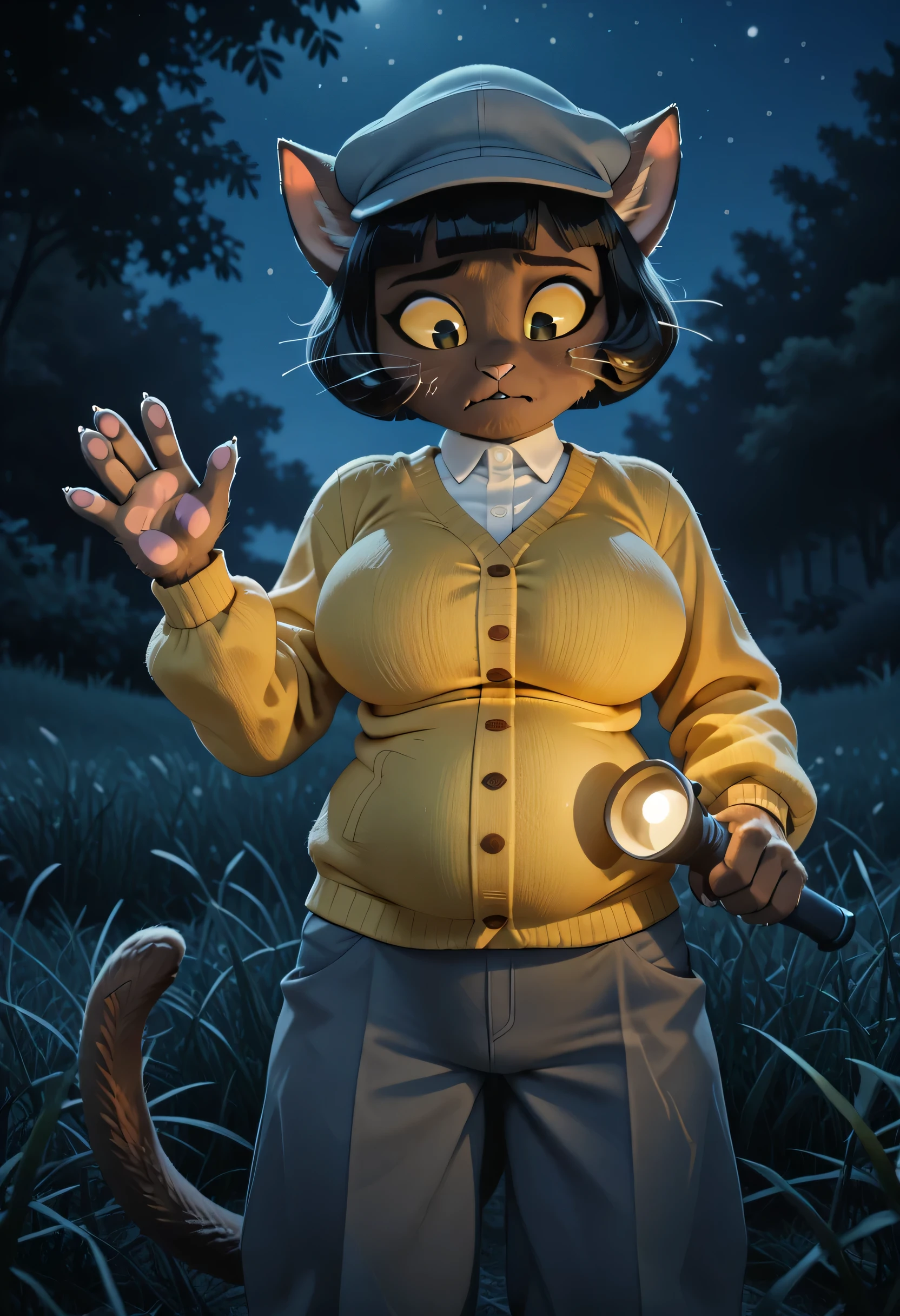 mostrando barriga,mostrando barriga,viewed from the bottom up the angle of the stomach,mostrando barriga,viewed from the bottom up the angle of the stomach,no modelo, ivyc, olhos negros, esclera amarela, pelo marrom, cabelo preto, cabelo curto, corte bob, gato, cauda, flat cap , grey flat cap , cardigan amarelo, _camisa para cima, gray pants , short pants, meias xadrez, sapatos marrons, peludo, font, noite, ao ar livre, sketch lines, seios enormes,lanterna_feixe, lanterna, holding lanterna, destaque azul-claro, destaque amarelo , cowboy shooting, standing, acenando, looking down at the belly,fase surpresa, nervous, nervous, preocupado, ouvidos back, da frente, ouvidos, grama, uma garota, female, only, peito plano,mostrando a barriga,
,