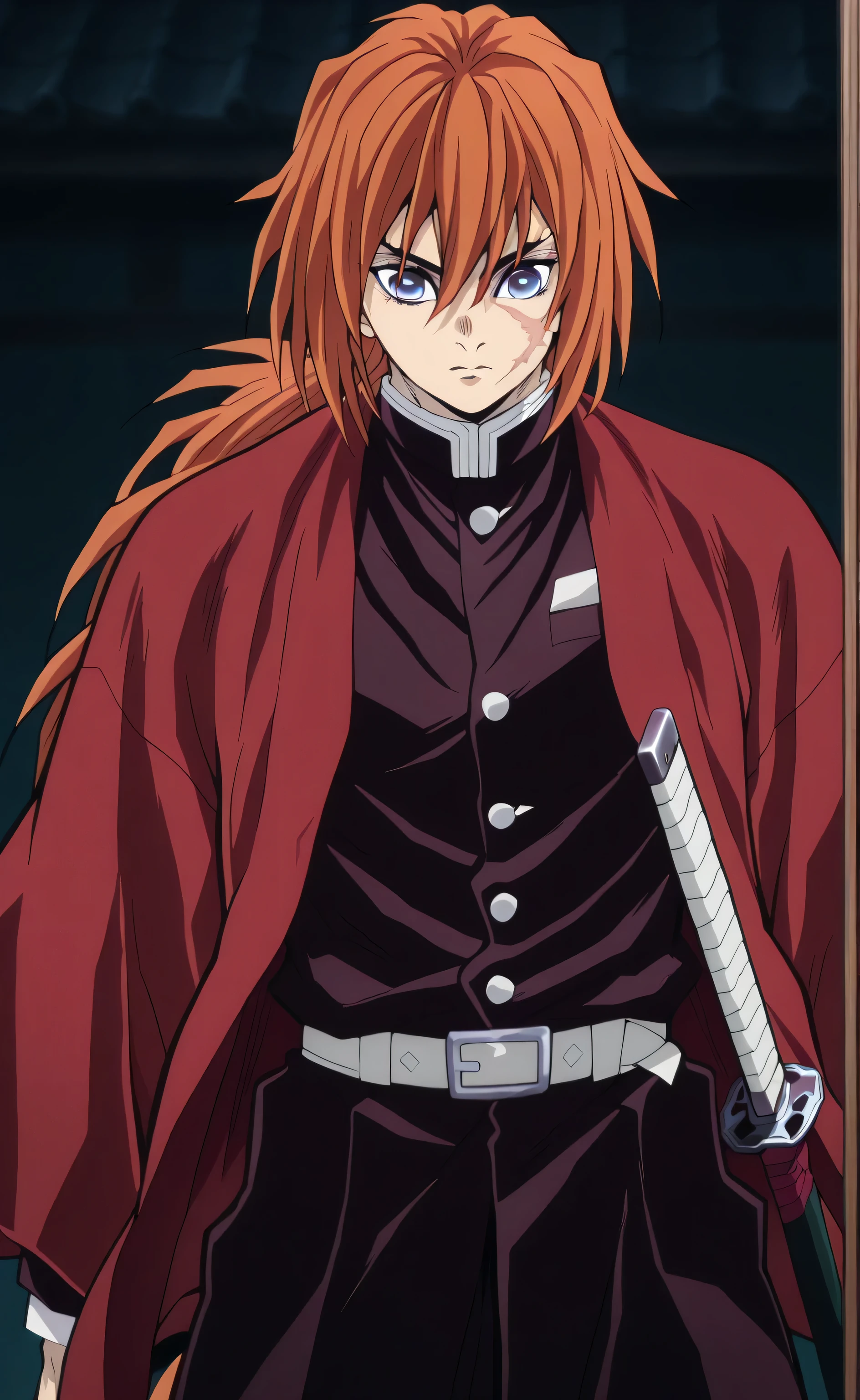 1male,solo,Himura Kenshin,long hair,orange hair,pony-tail hair,purple eyes,1scar,black gakuran,red Haori,muscle,Katana,Kimetsu no Yaiba (Demon Slayer) Anime Style