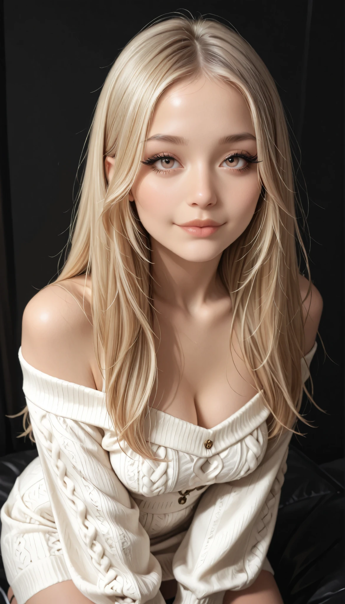 masterpiece,very detailed,Realistic,written depth,Highest Quality,Clear Focus,Calm Lighting,1girl,Long Eye Lashes,Light-colored hair,Blonde,long straight hair,Japanese Gal,Gal,light brown eyes,Thick Lips,small smile,kneel,Off Shoulder Knit Dress,Black Background,nightclub