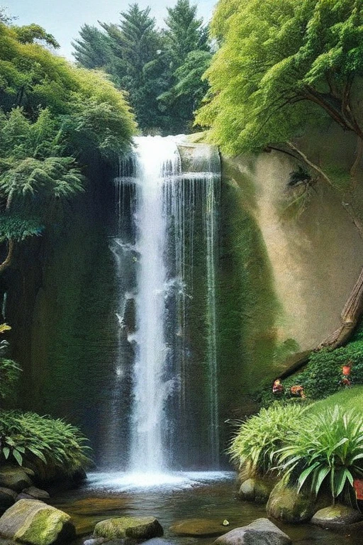 masterpiece, high quality, best quality, Ryuuguu Rena, orange hair, medium hair, blue eyes, Japanese woman, solo, beautiful, happy, solo, calm, waterfall, nature, scenery, looking at viewer, blush, romantic, Higurashi no naku koro ni, , orange pubic hair, , breasts, pregnant