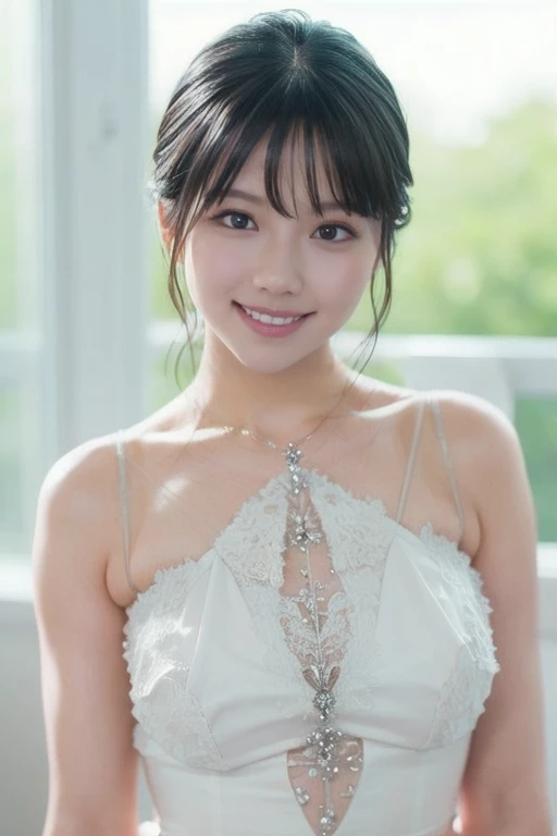 (masterpiece, best quality), 1girl, solo, View viewers, Young Japanese woman, Beautiful woman, Super cute face like an idol, Big eyes with double eyelids, Shiny black hair, Bangs,low bun hair, smile, Smiling face,narrow waist, round ,white sheer crop top, , ( round :1.3),
She is standing in a cute pose, (in front of Stylish hotel, backlighting:1.2),