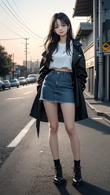 (ultra high definition), (Maximum quality), 8K, obra-prima, (cinematic), menina japonesa, (10 years old), extremamente bonita, muito magra, big forhead, (sozinha), ((full body)), (very detailed face), (very detailed eyes), (wearing a mini skirt), sorriso meigo, (front view), (natural lightting), (em um beco escuro de Osaka)