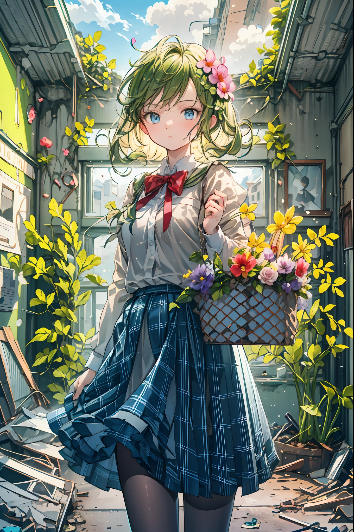 The Ruined Gardener,android girl,I'm planting flowers,((Flower basket in the hand)),Cowboy Shot,ruins covered with ivy,4K,Ultra Detailed ,advanced physical depiction,professional,vivid colors,Bokeh,Large scale ruins,android surrounded by greenery,expressive female android, Overgrown Plants ,abandoned buildings with ages,sunlight shining through windows,artistic composition,Digital Art,Realistic