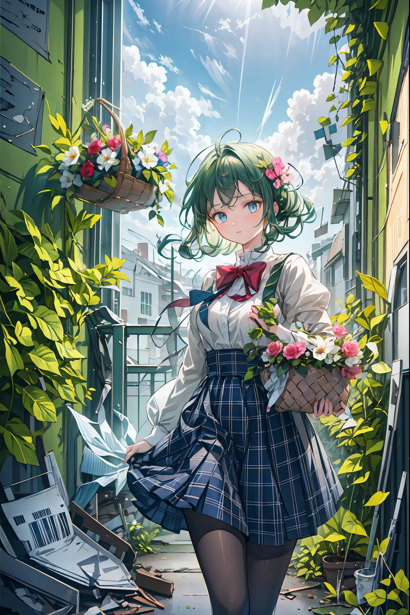 The Ruined Gardener,android girl,I'm planting flowers,((Flower basket in the hand)),Cowboy Shot,ruins covered with ivy,4K,Ultra Detailed ,advanced physical depiction,professional,vivid colors,Bokeh,Large scale ruins,android surrounded by greenery,expressive female android, Overgrown Plants ,abandoned buildings with ages,sunlight shining through windows,artistic composition,Digital Art,Realistic