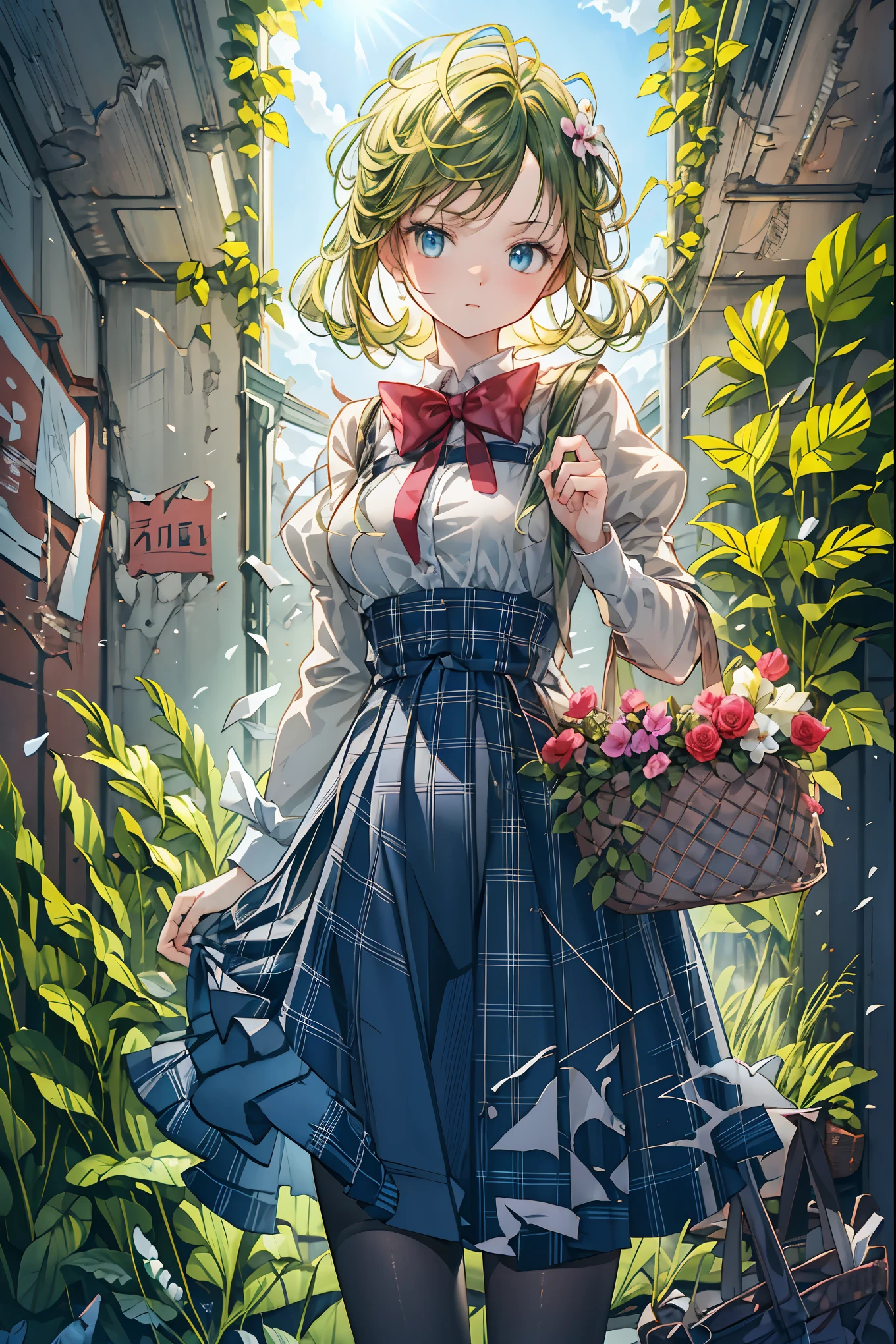 The Ruined Gardener,android girl,I'm planting flowers，((Flower basket in the hand))，Cowboy Shot，ruins covered with ivy,4K,Ultra Detailed ,advanced physical depiction,professional,vivid colors,Bokeh,Large scale ruins,android surrounded by greenery,expressive female android, Overgrown Plants ,abandoned buildings with ages,sunlight shining through windows,artistic composition,Digital Art,Realistic